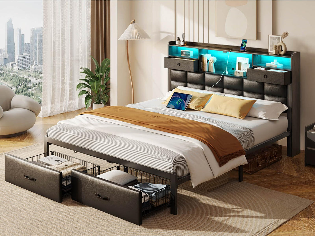Size Upholstered Bed Frame With Storage Headboard Drawers And LED Lighting