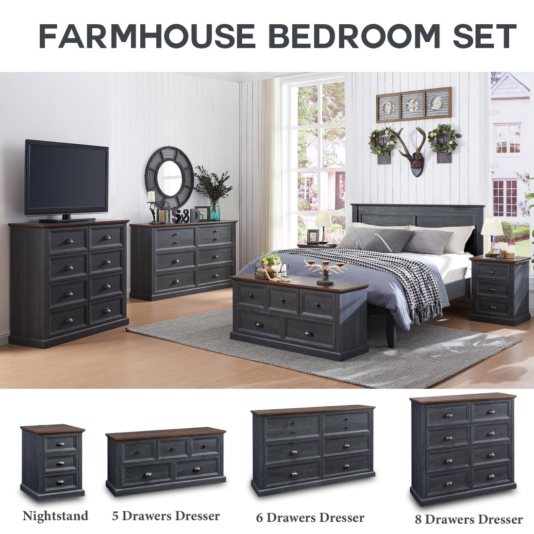 Wood Nightstand With Three Drawers And Charging Station For Bedroom Or Living Room