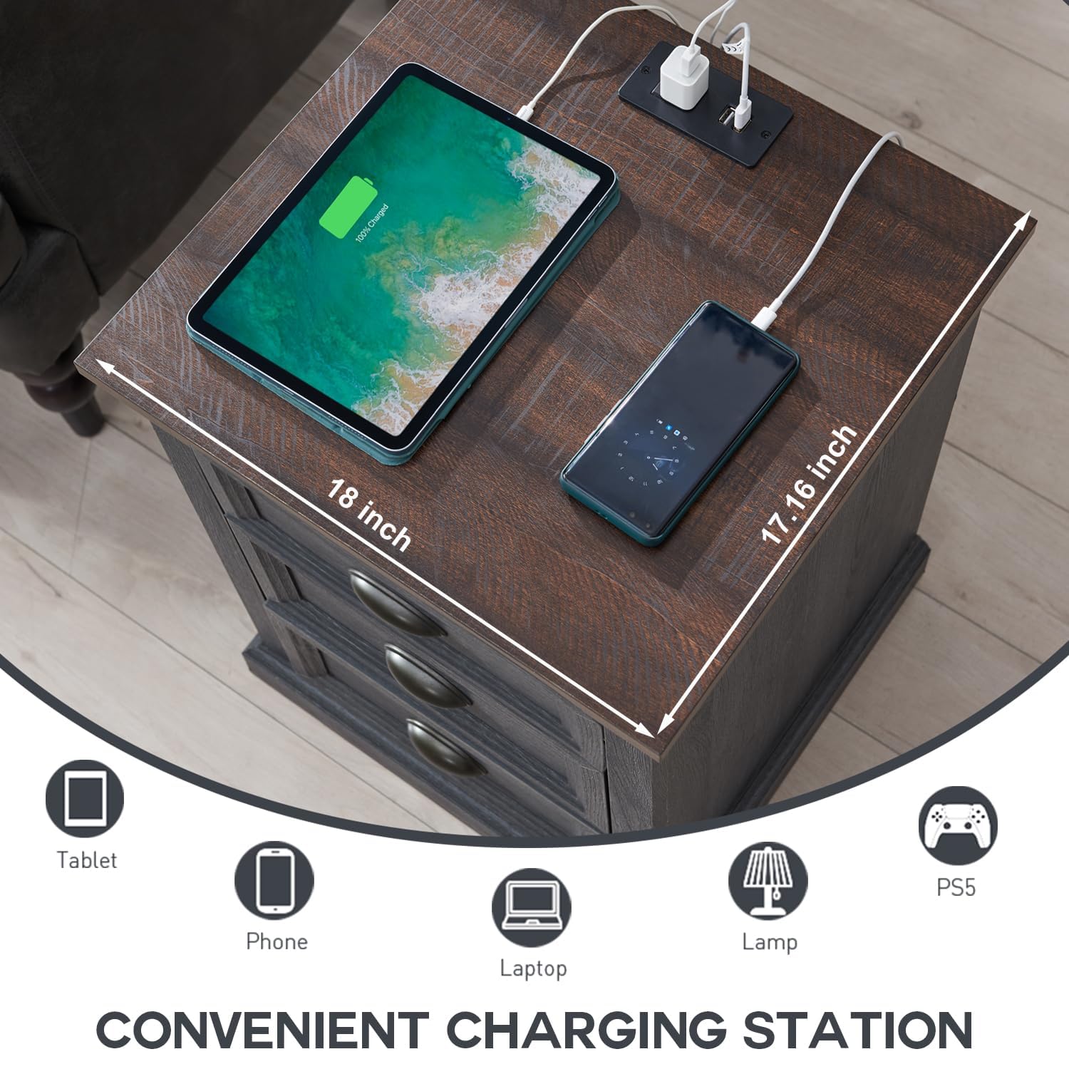 Wood Nightstand With Three Drawers And Charging Station For Bedroom Or Living Room