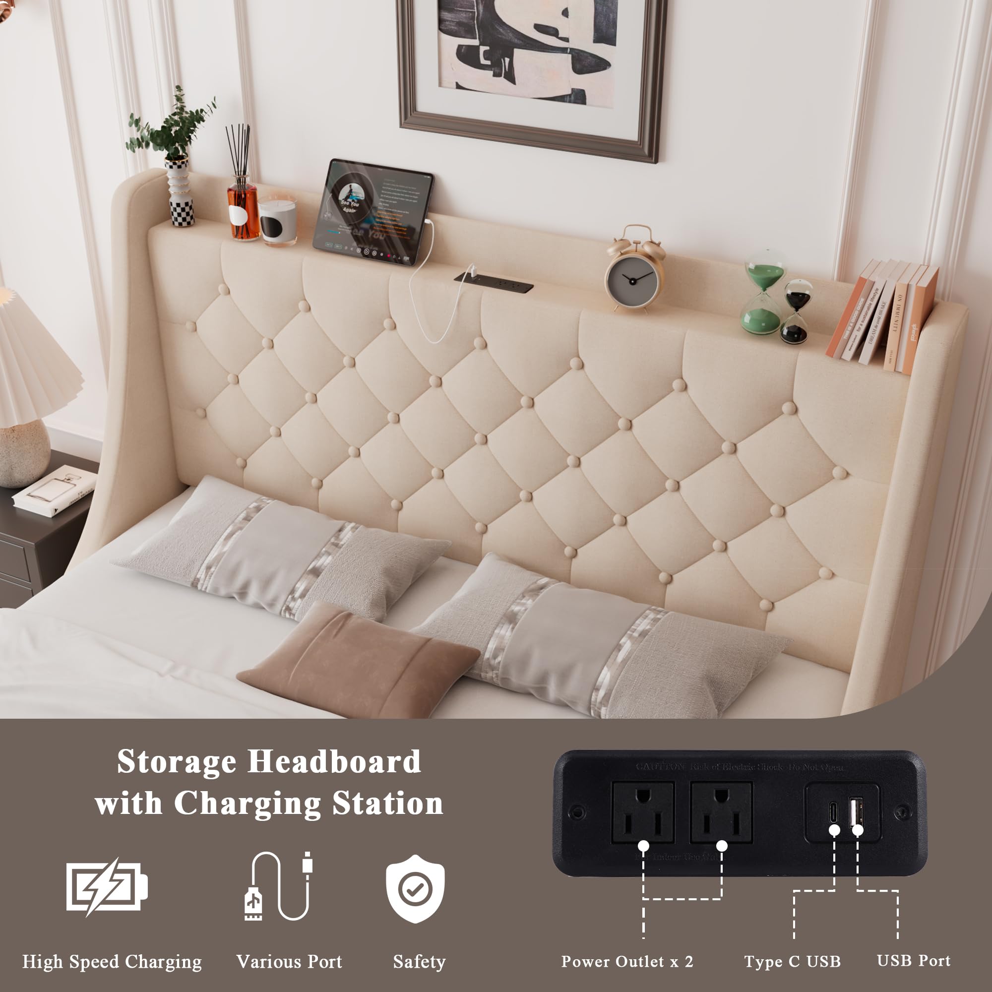 Queen Size Upholstered Bed Frame With Storage Drawers And Tufted Wingback Headboard