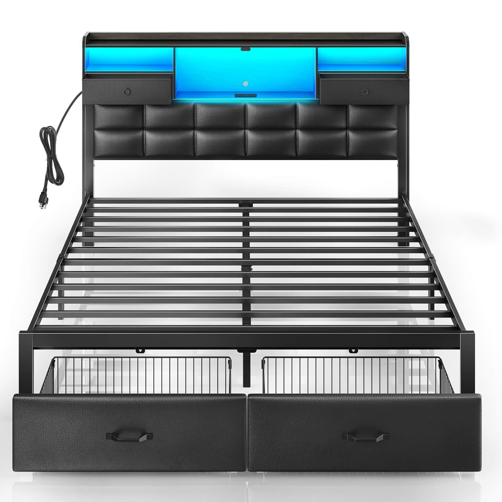 Size Upholstered Bed Frame With Storage Headboard Drawers And LED Lighting