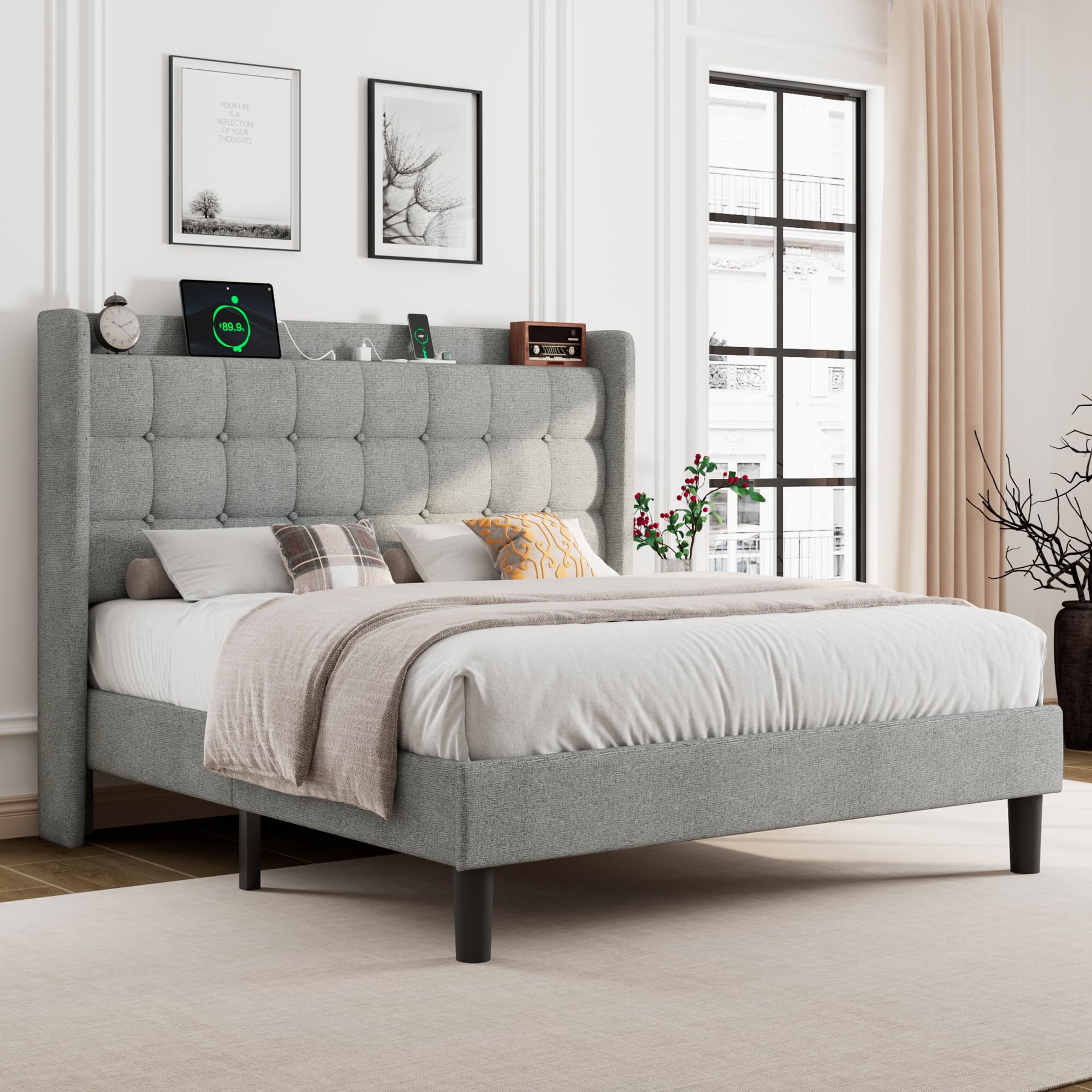 Modern Upholstered Full Size Bed Frame With Storage Headboard And Charging Station