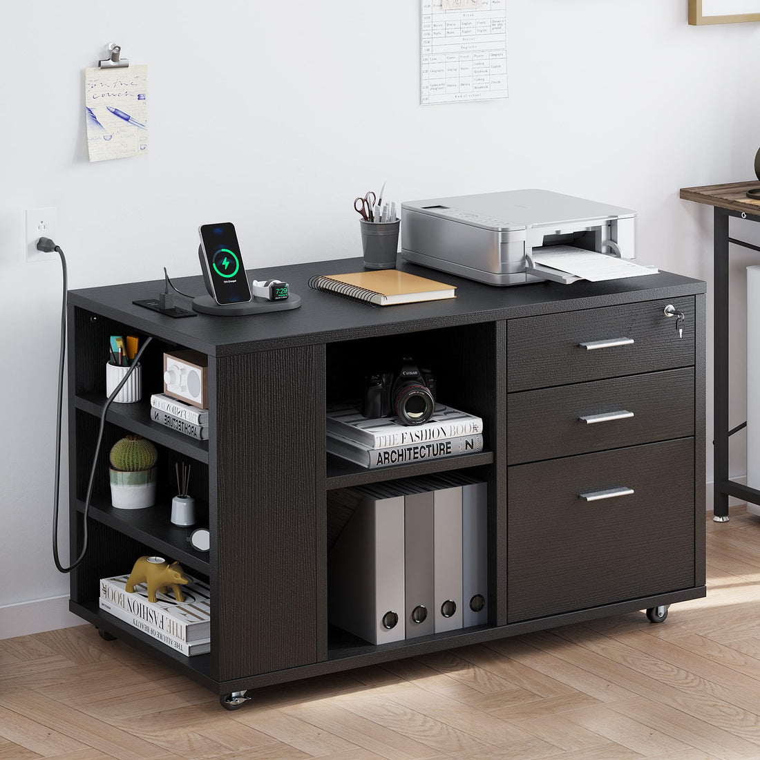 Black Mobile File Cabinet With Charging Station And Locking Drawers For Home Office