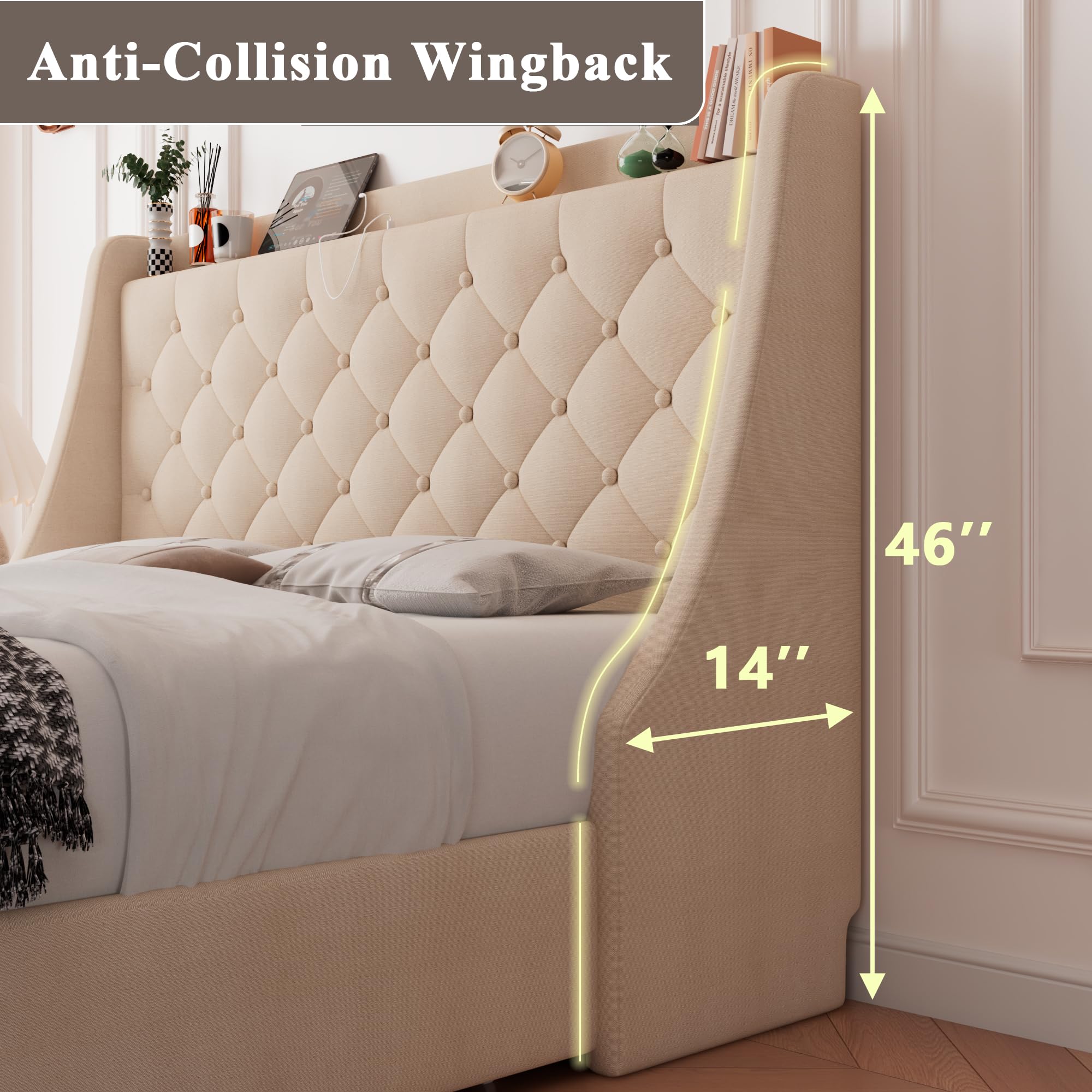 Queen Size Upholstered Bed Frame With Storage Drawers And Tufted Wingback Headboard