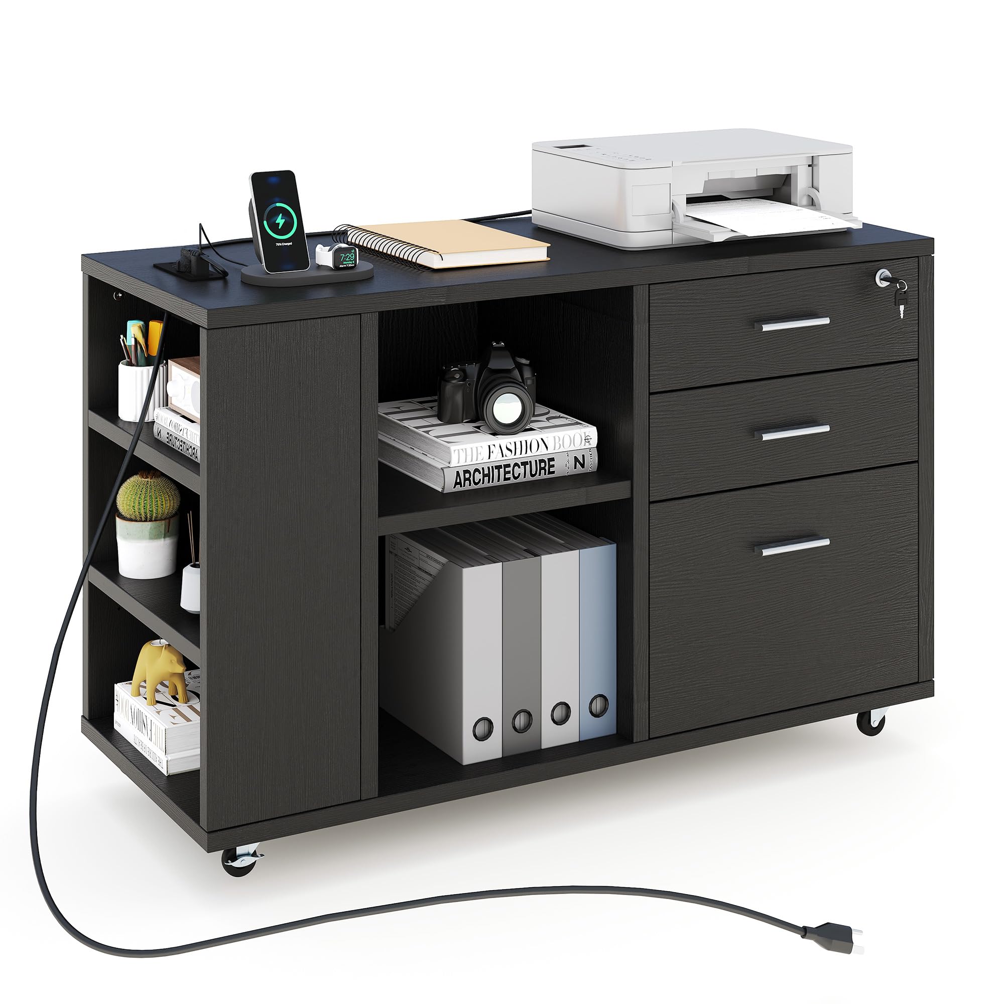 Black Mobile File Cabinet With Charging Station And Locking Drawers For Home Office