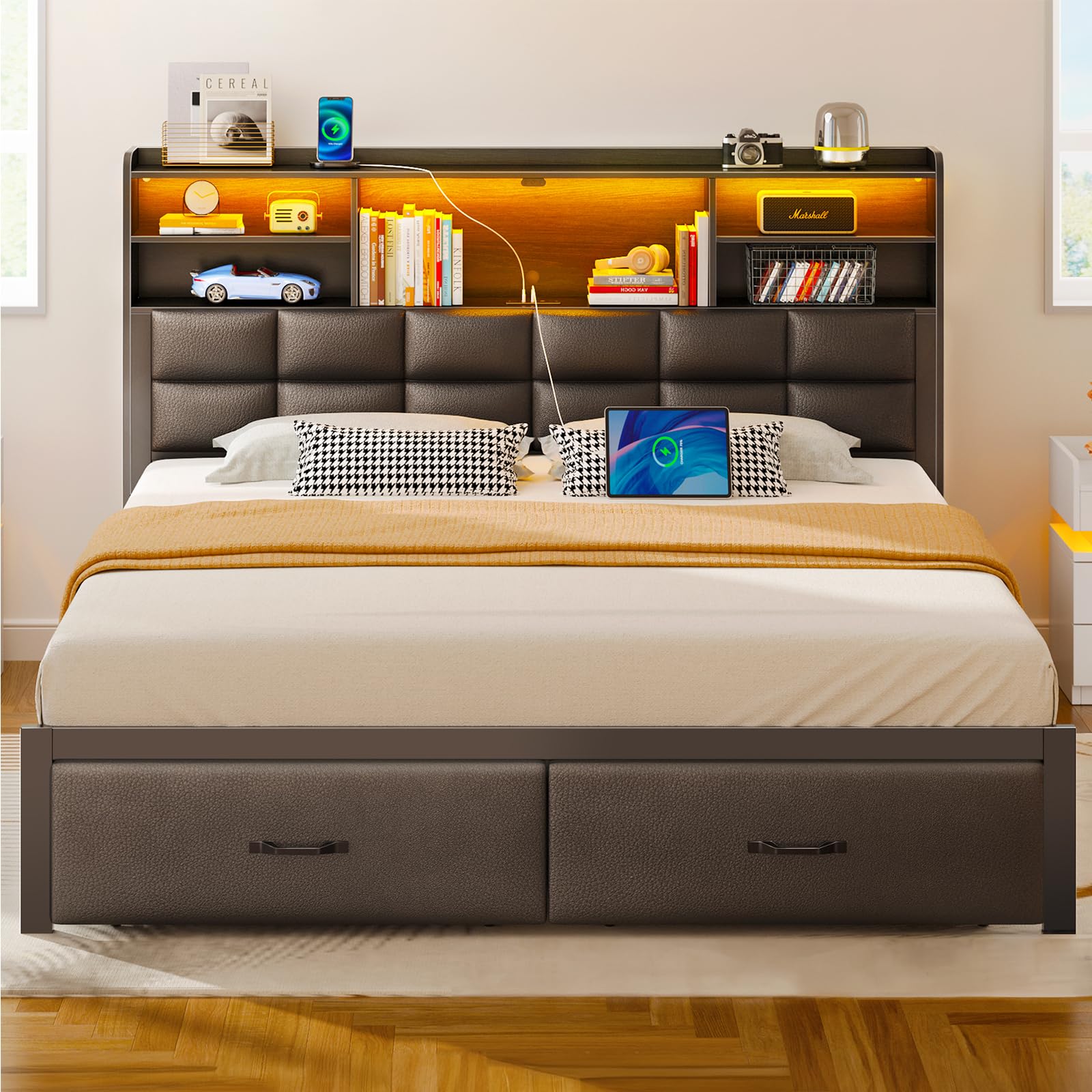 Size Upholstered Bed Frame With Storage Headboard Drawers And LED Lighting