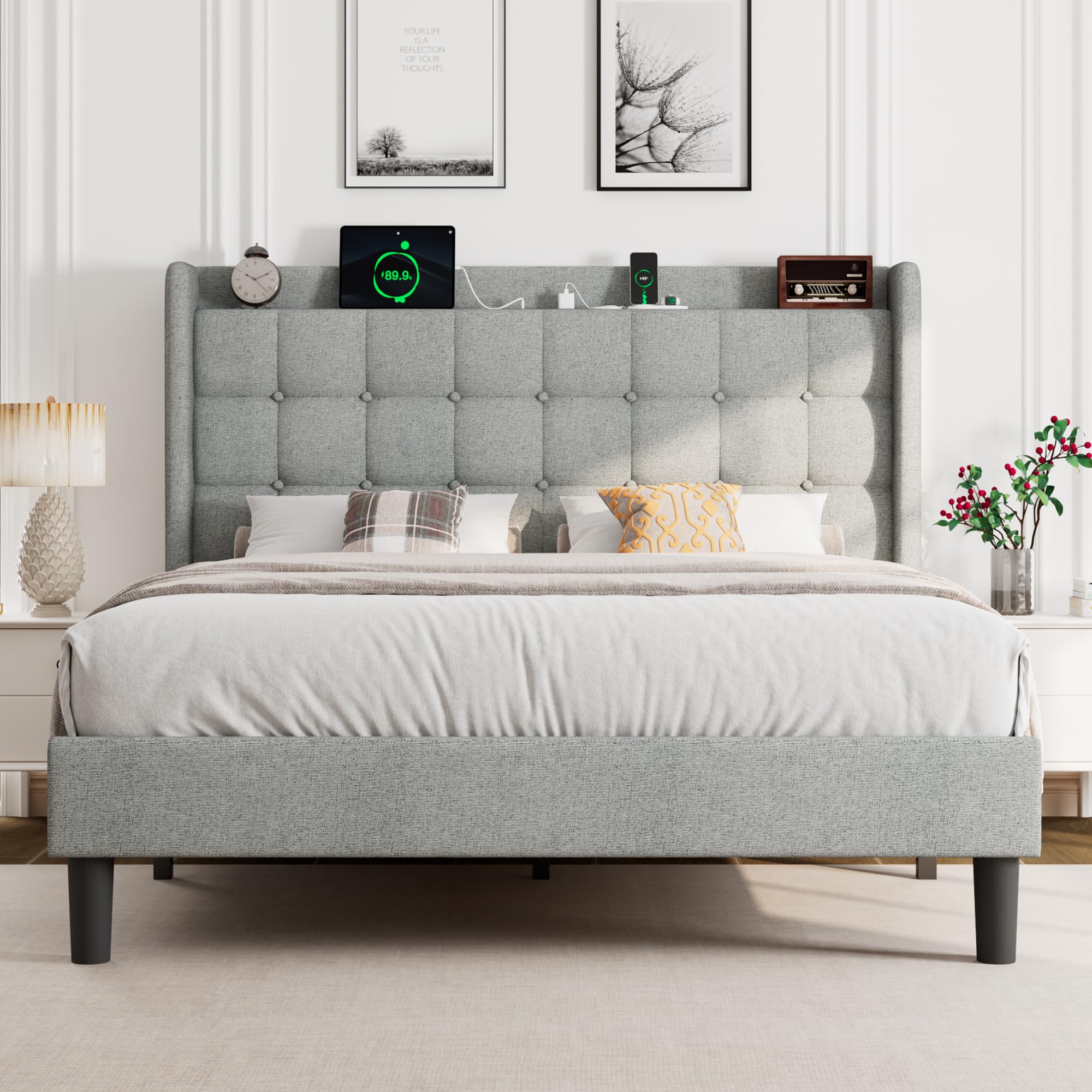 Modern Upholstered Full Size Bed Frame With Storage Headboard And Charging Station