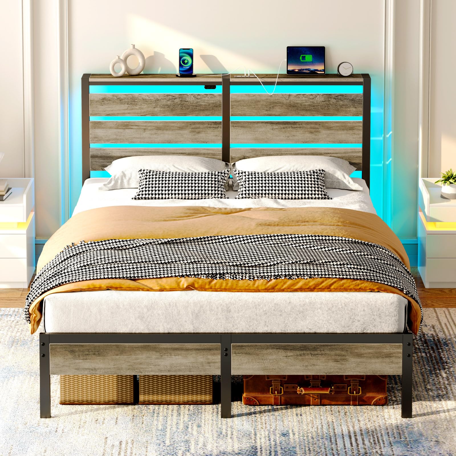 Full Size Metal Bed Frame With LED Headboard USB Charging And Under Bed Storage
