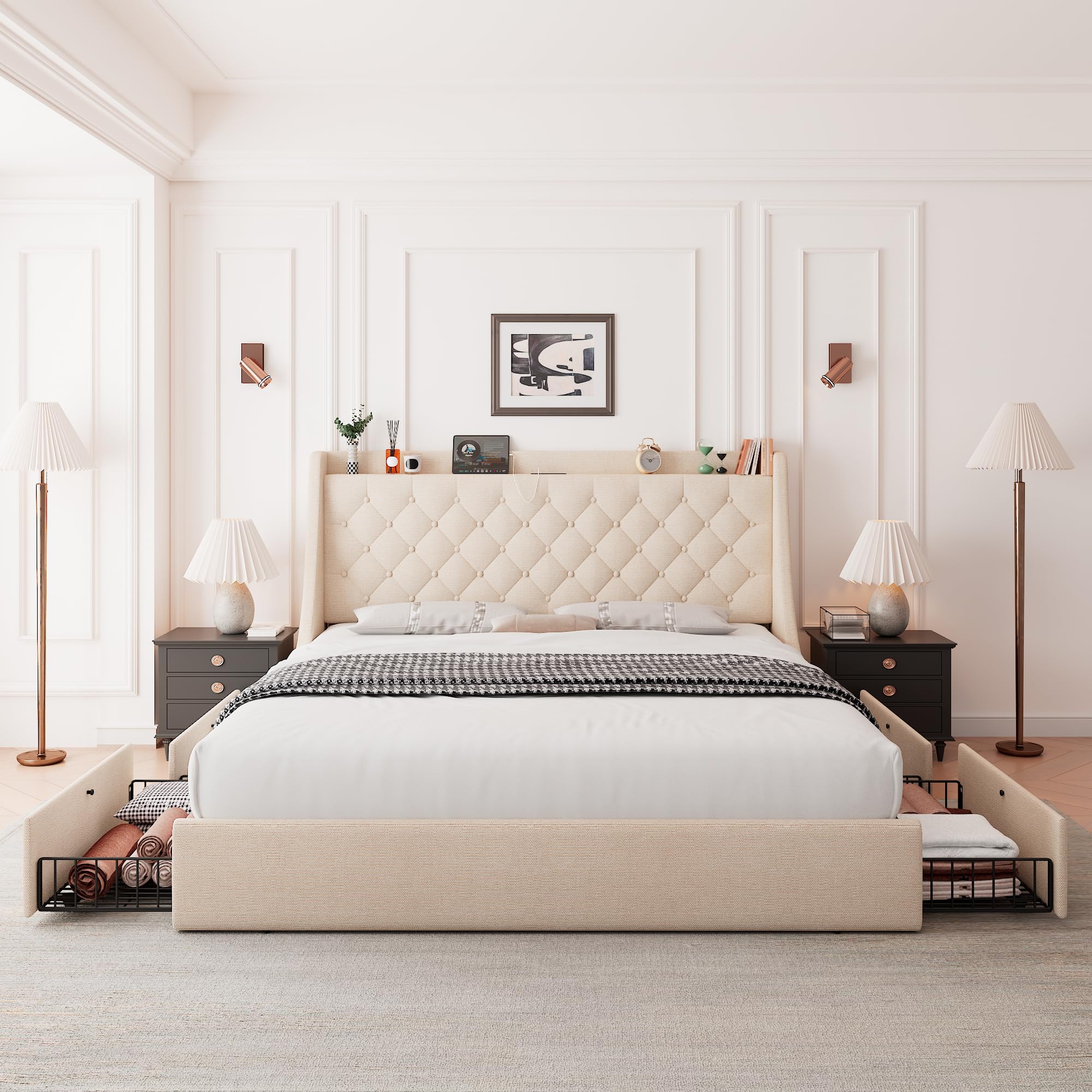 Queen Size Upholstered Bed Frame With Storage Drawers And Tufted Wingback Headboard