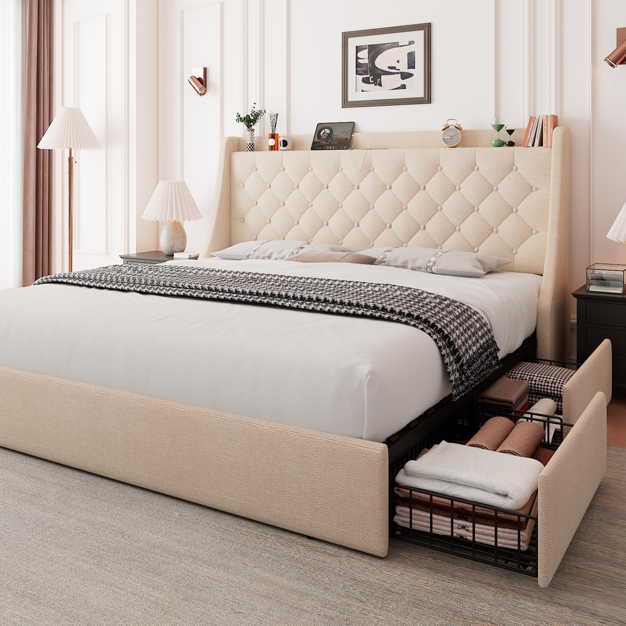 Queen Size Upholstered Bed Frame With Storage Drawers And Tufted Wingback Headboard