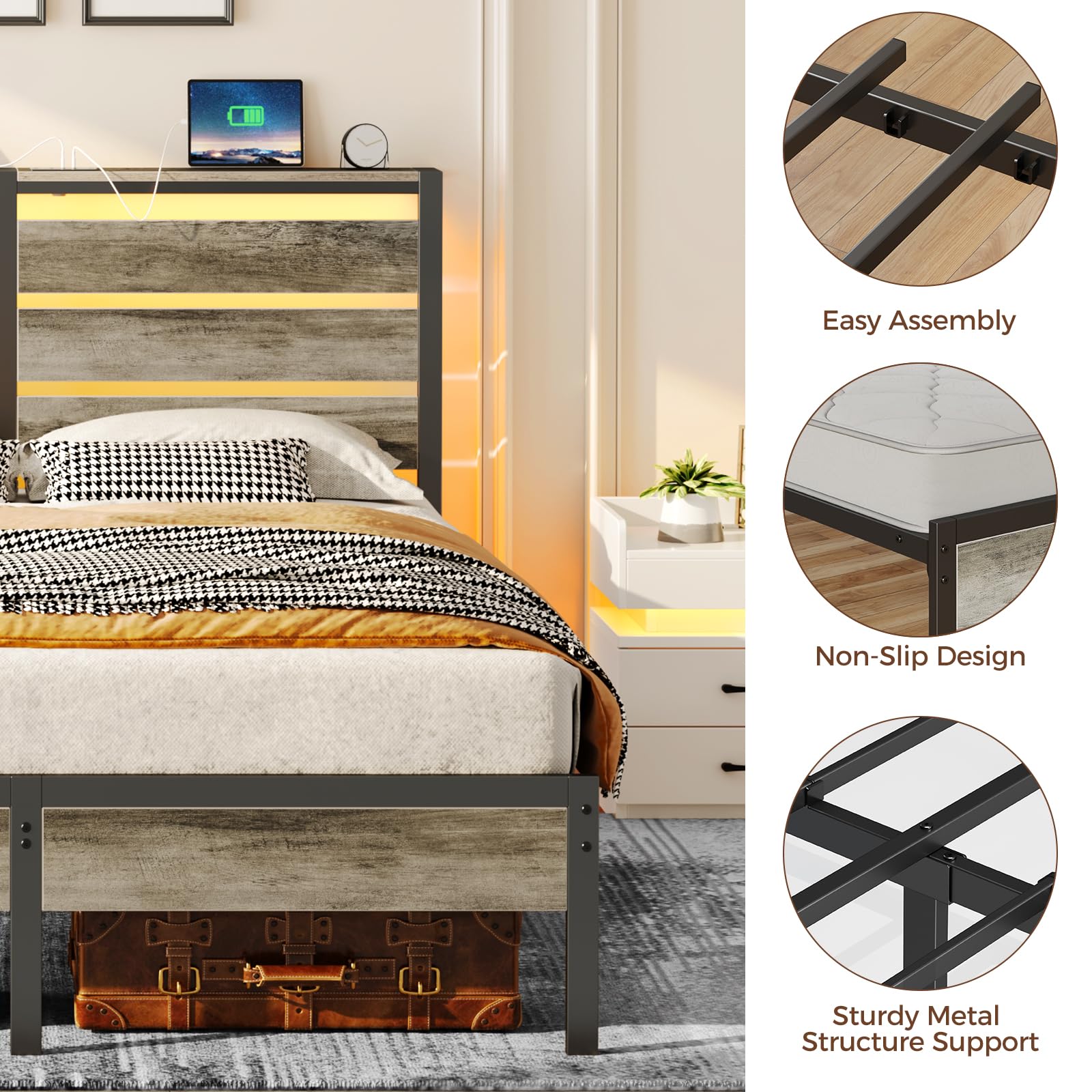 Full Size Metal Bed Frame With LED Headboard USB Charging And Under Bed Storage