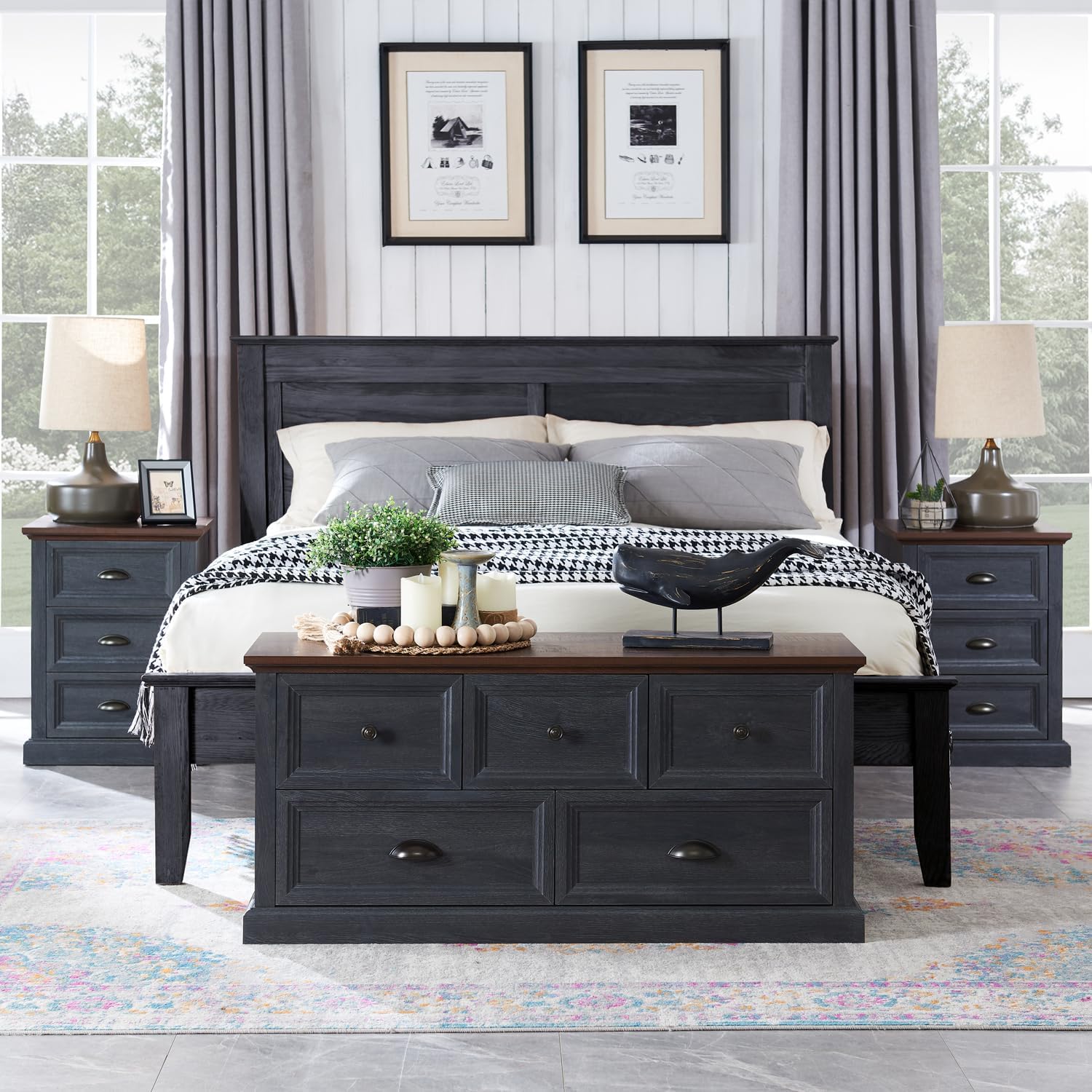 Wood Nightstand With Three Drawers And Charging Station For Bedroom Or Living Room