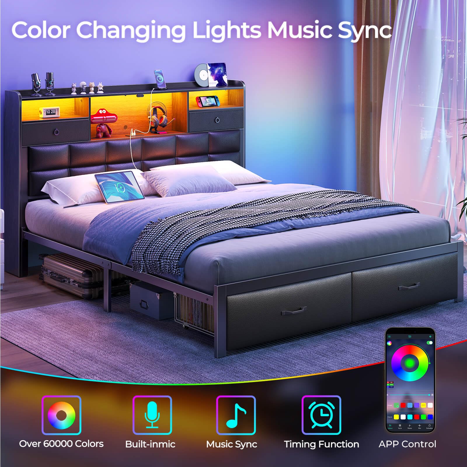 Size Upholstered Bed Frame With Storage Headboard Drawers And LED Lighting
