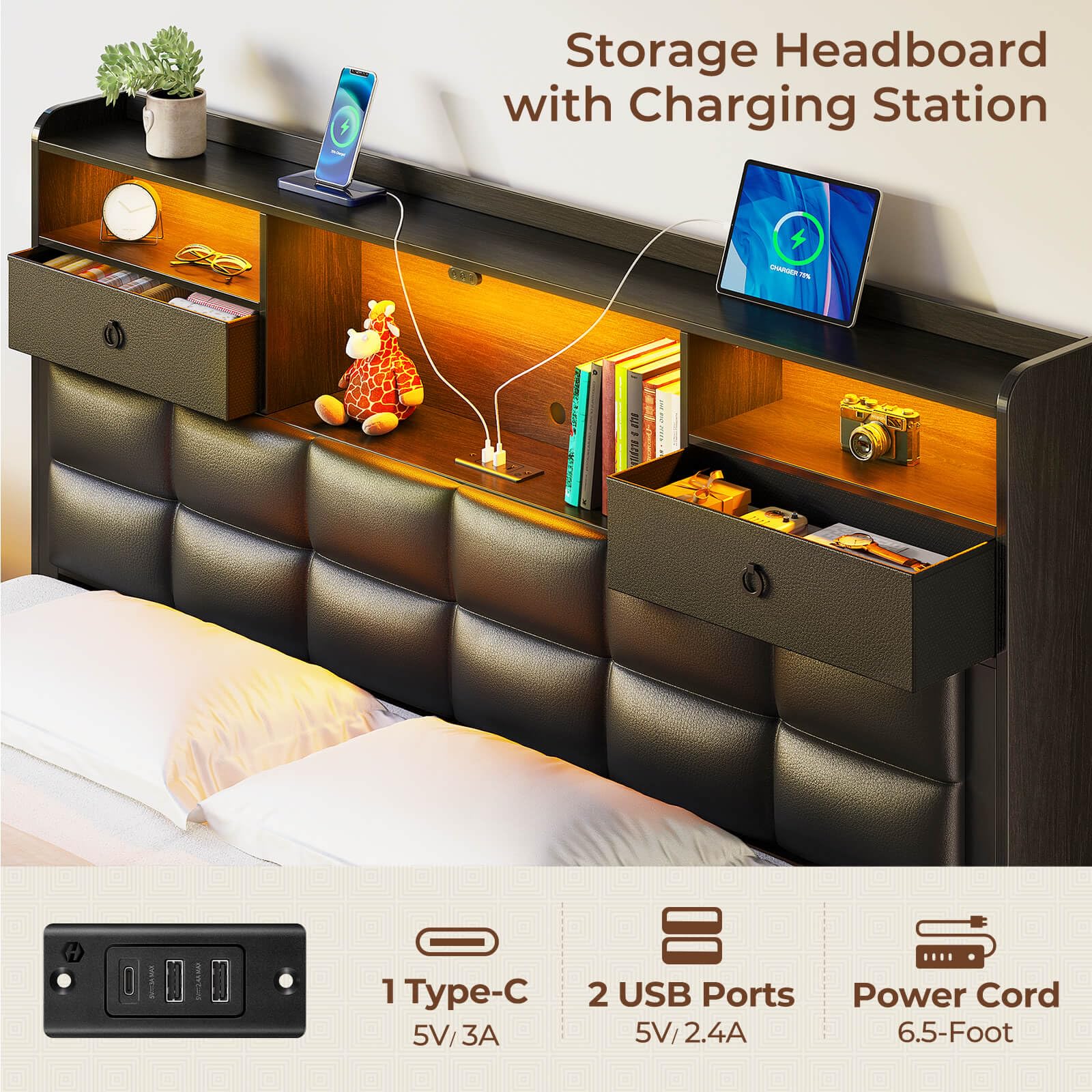 Size Upholstered Bed Frame With Storage Headboard Drawers And LED Lighting