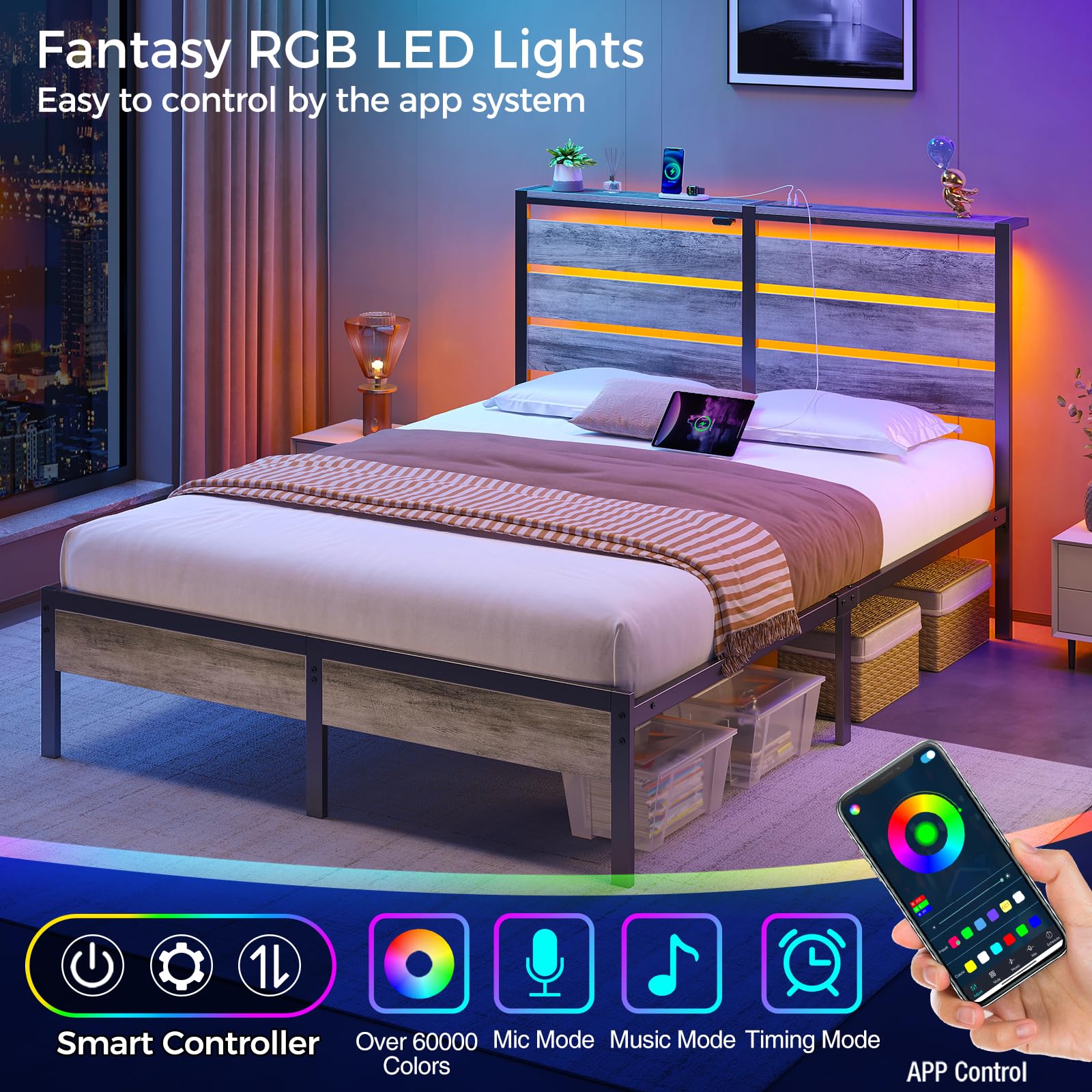 Full Size Metal Bed Frame With LED Headboard USB Charging And Under Bed Storage