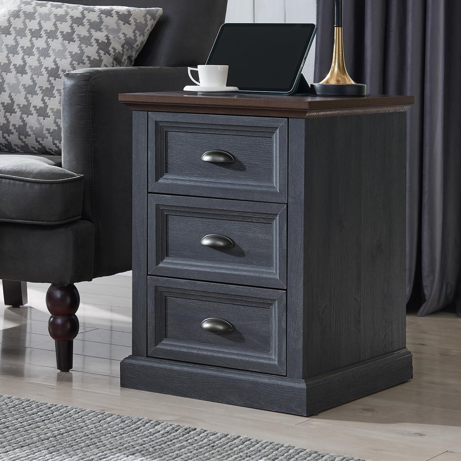 Wood Nightstand With Three Drawers And Charging Station For Bedroom Or Living Room