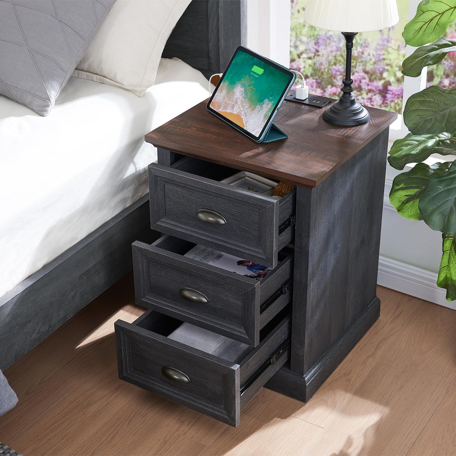 Wood Nightstand With Three Drawers And Charging Station For Bedroom Or Living Room