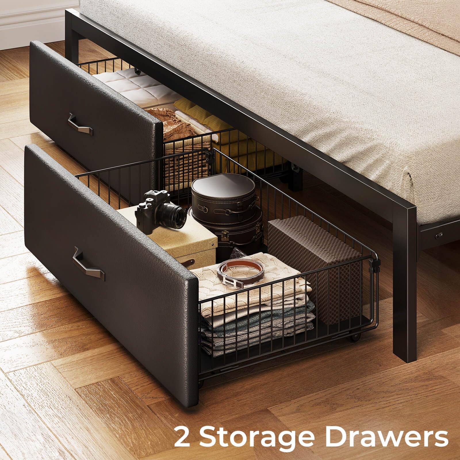 Size Upholstered Bed Frame With Storage Headboard Drawers And LED Lighting