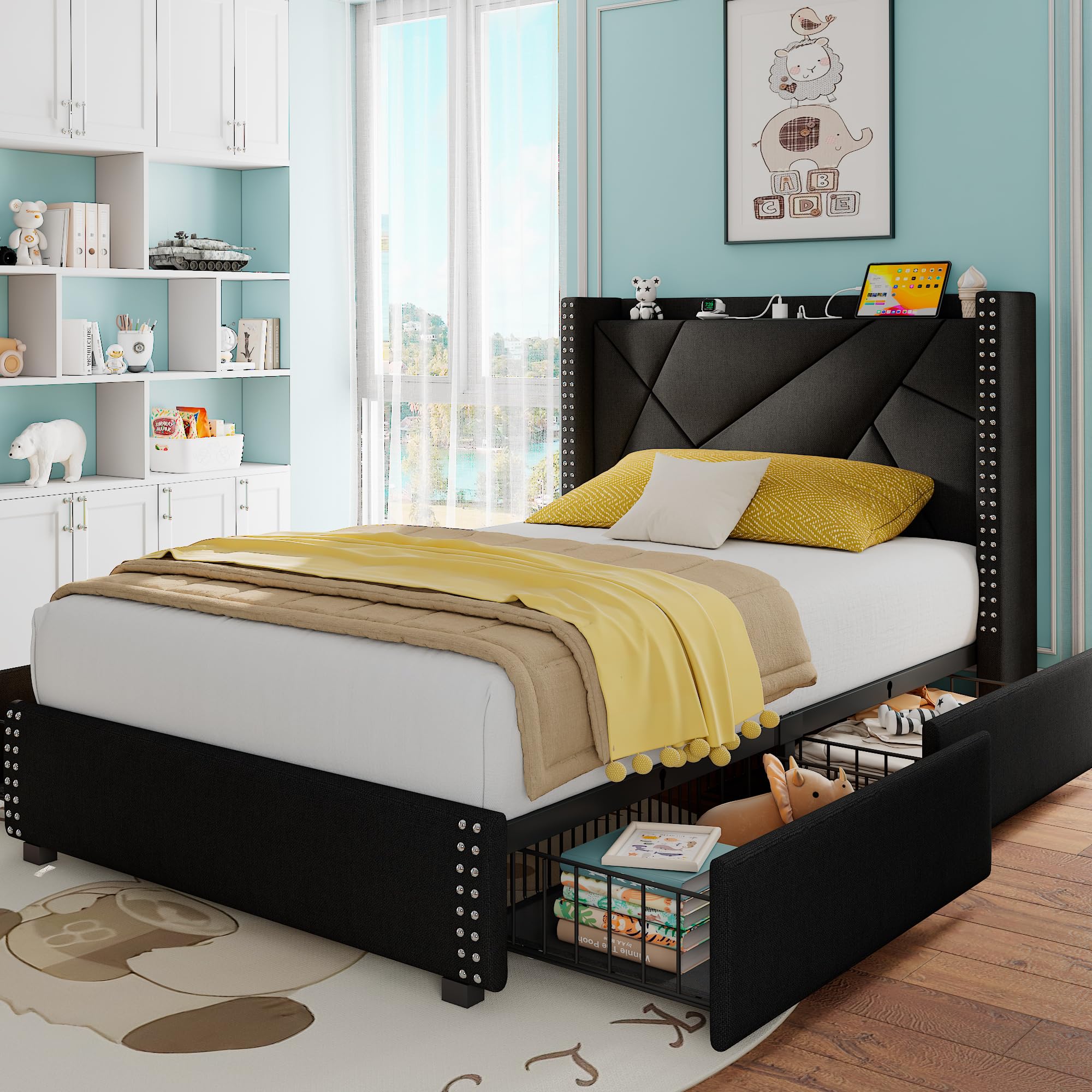 Twin Size Upholstered Platform Bed Frame With Storage Drawers And Charging Station