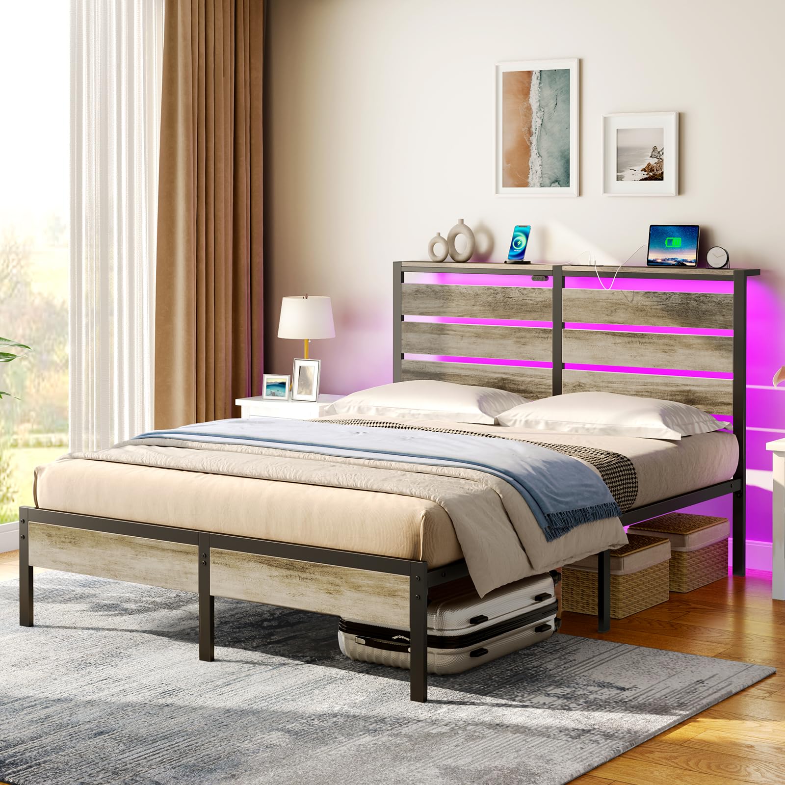Full Size Metal Bed Frame With LED Headboard USB Charging And Under Bed Storage