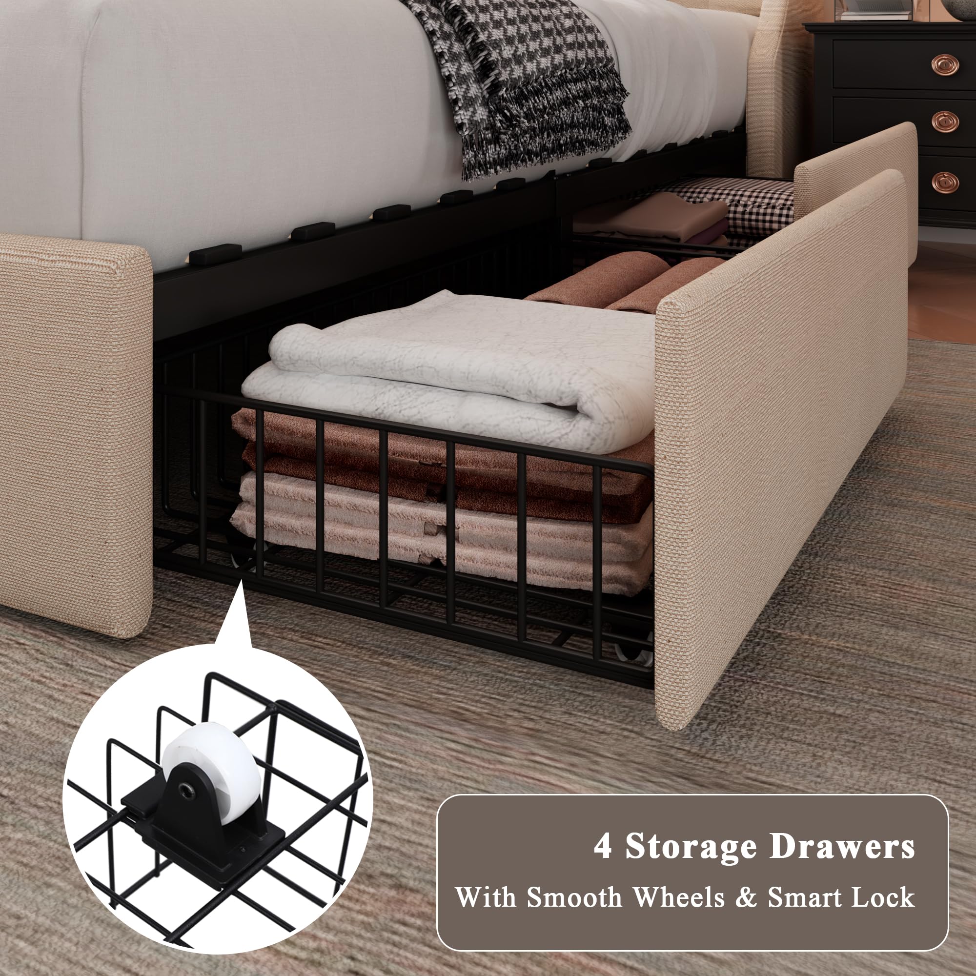 Queen Size Upholstered Bed Frame With Storage Drawers And Tufted Wingback Headboard