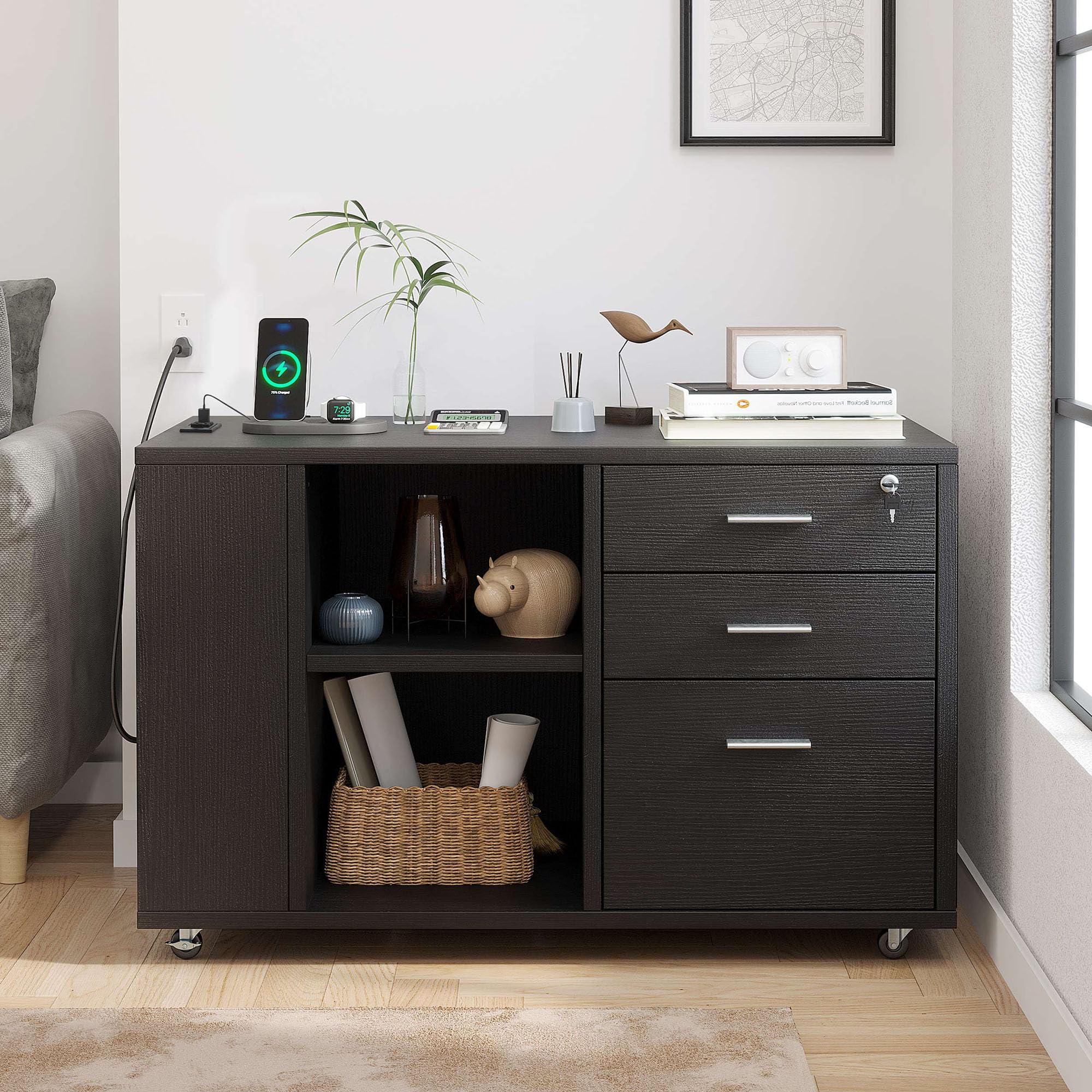 Black Mobile File Cabinet With Charging Station And Locking Drawers For Home Office