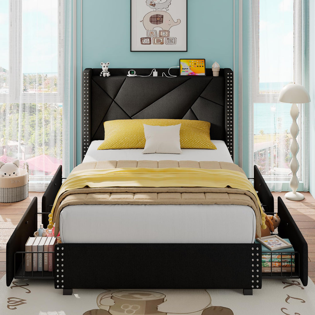 Twin Size Upholstered Platform Bed Frame With Storage Drawers And Charging Station