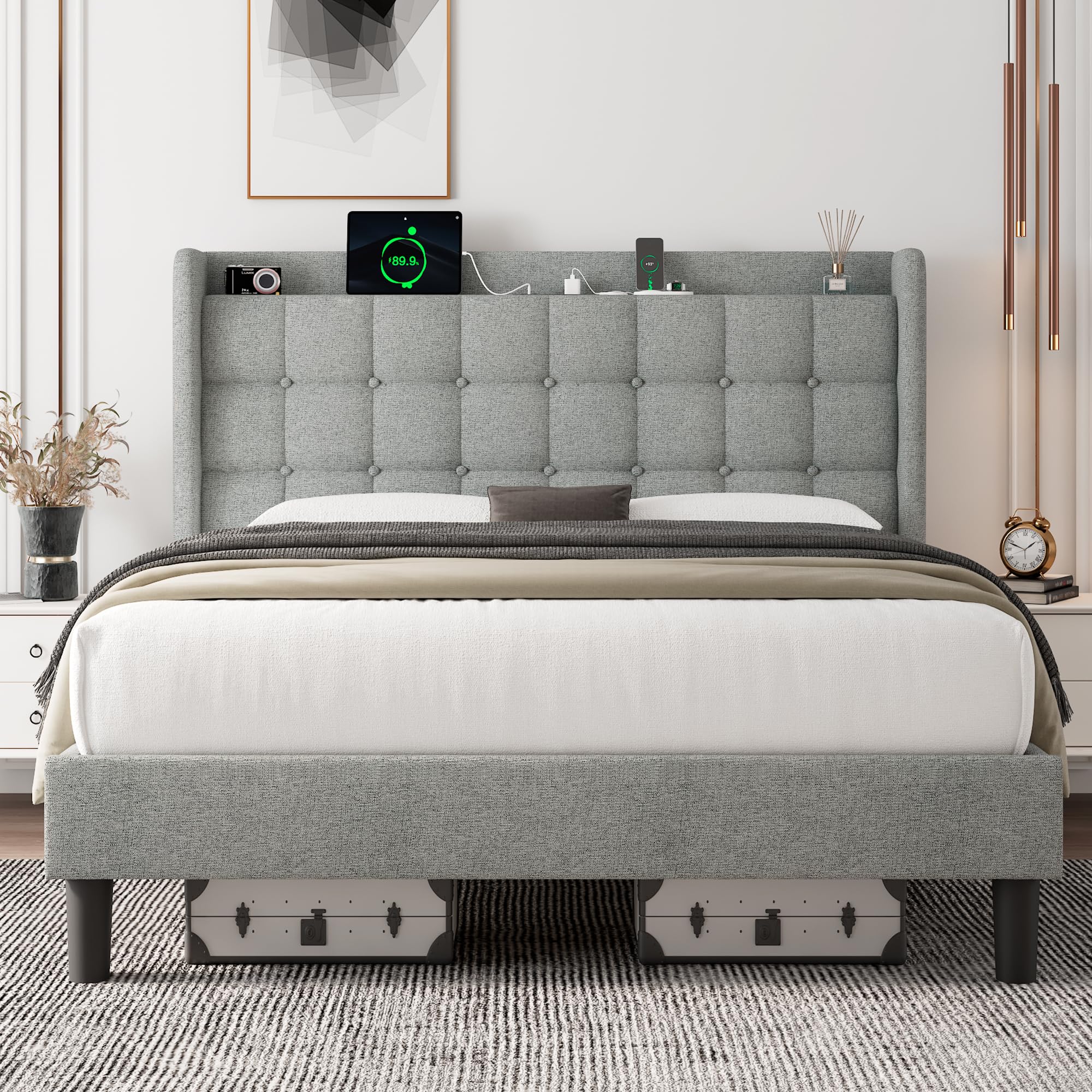 Full Size Upholstered Bed Frame With Wingback Storage Headboard And Charging Station