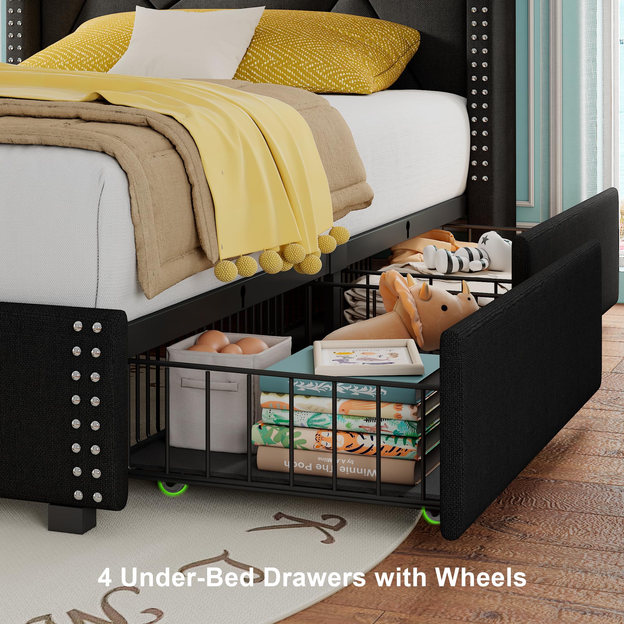 Twin Size Upholstered Platform Bed Frame With Storage Drawers And Charging Station
