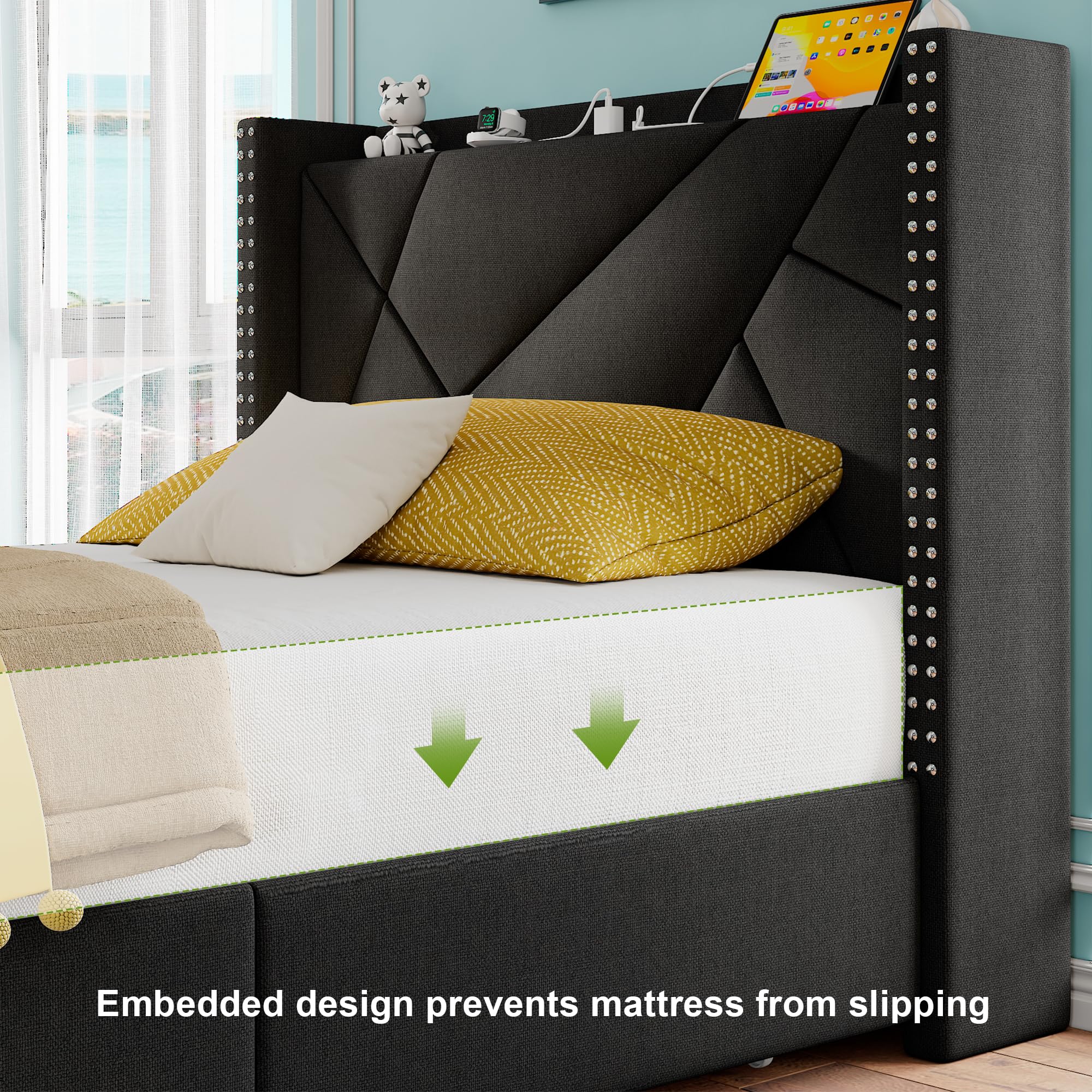 Twin Size Upholstered Platform Bed Frame With Storage Drawers And Charging Station