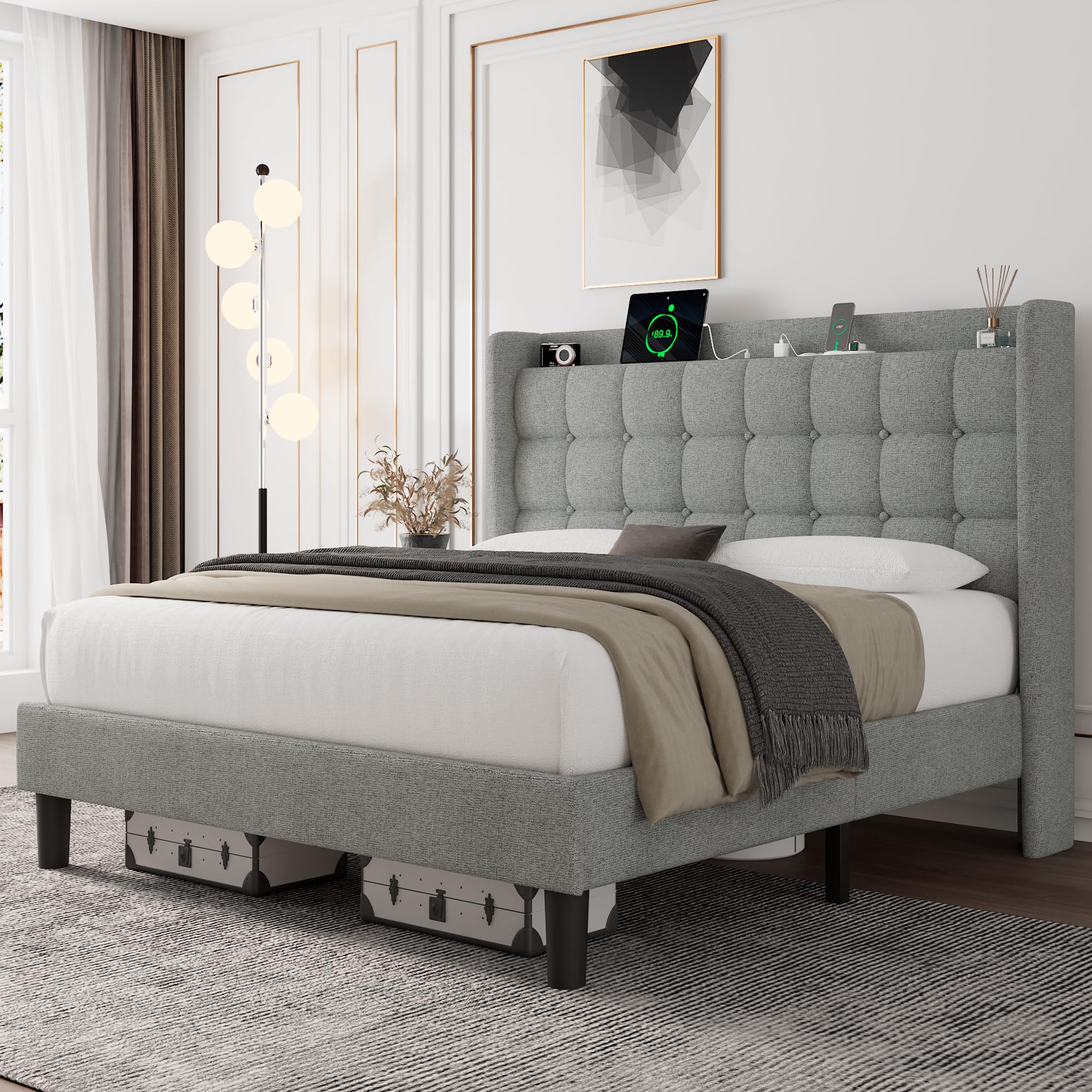 Full Size Upholstered Bed Frame With Wingback Storage Headboard And Charging Station