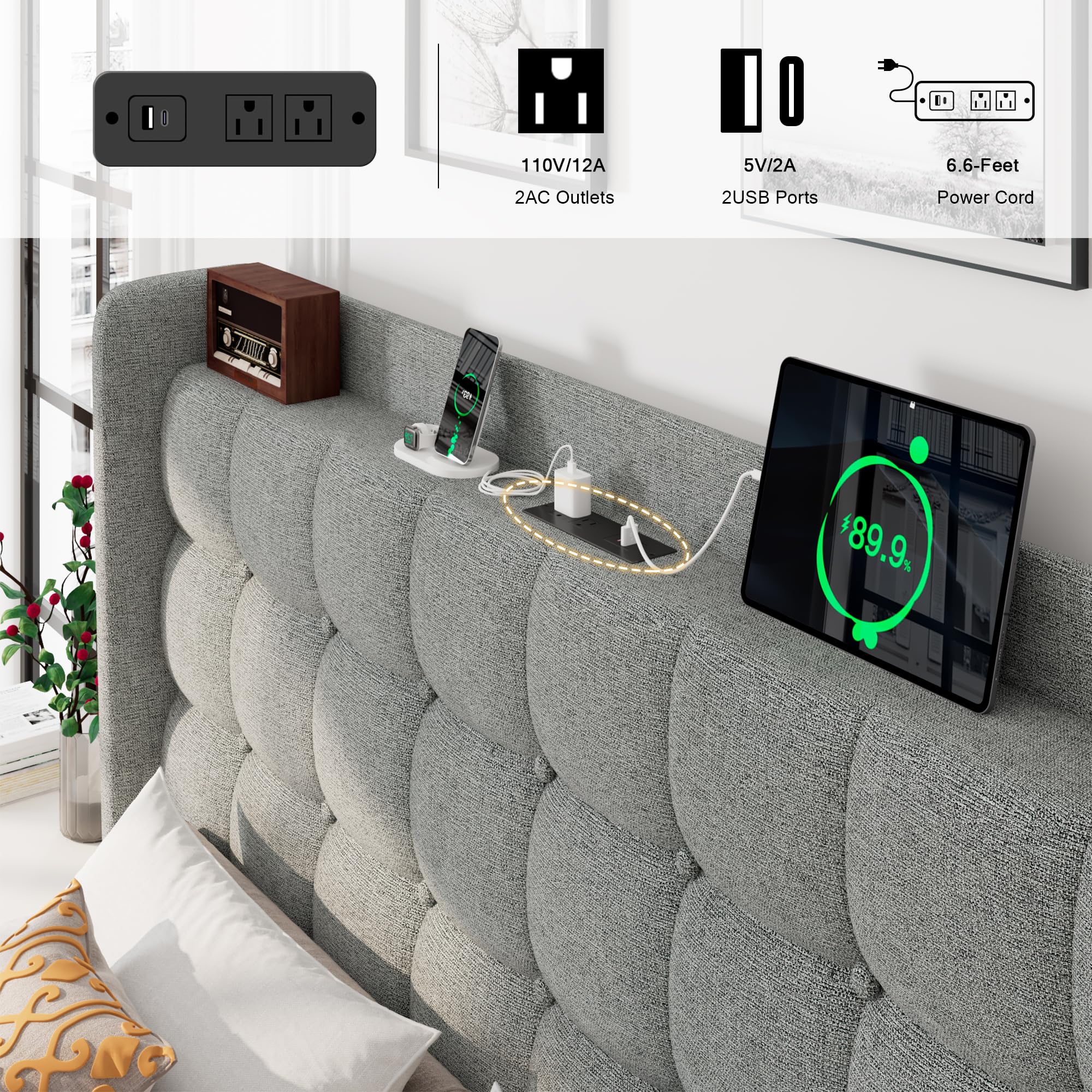 Modern Upholstered Full Size Bed Frame With Storage Headboard And Charging Station