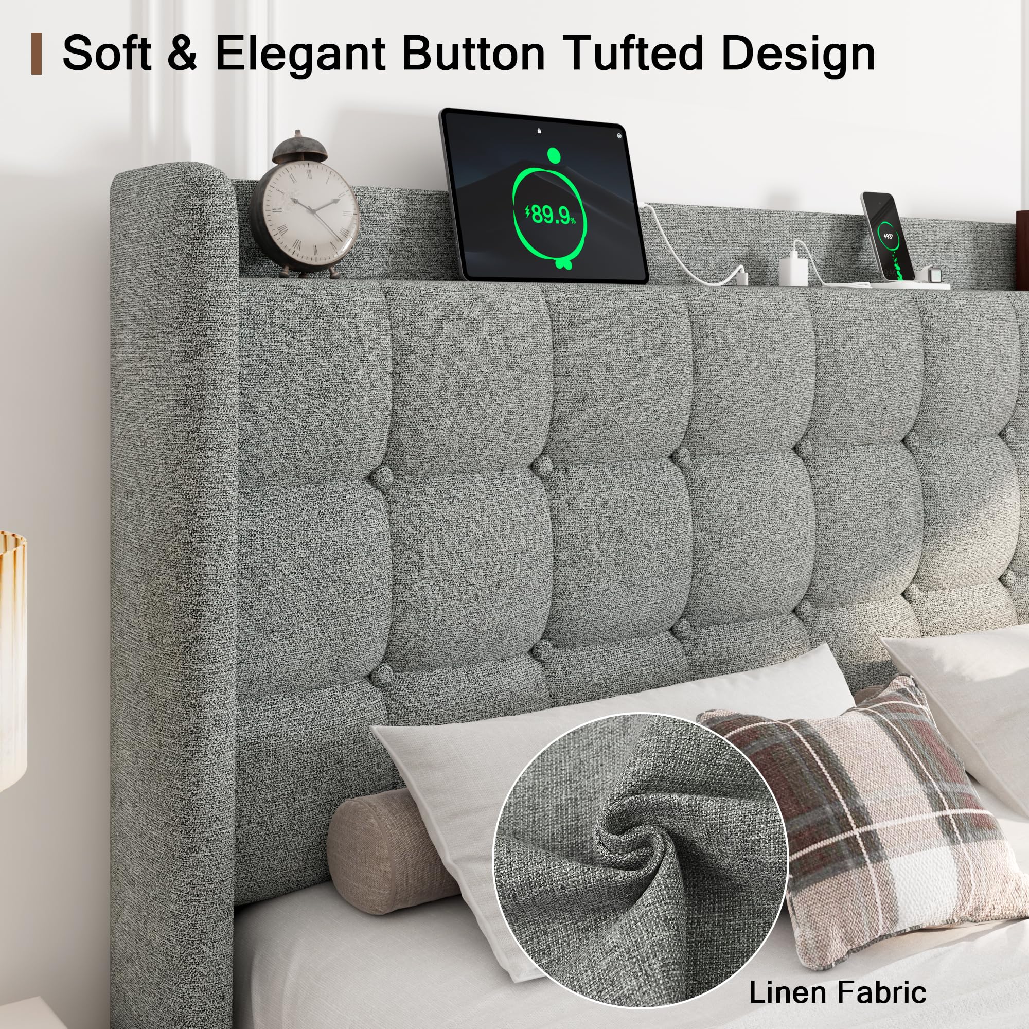 Modern Upholstered Full Size Bed Frame With Storage Headboard And Charging Station