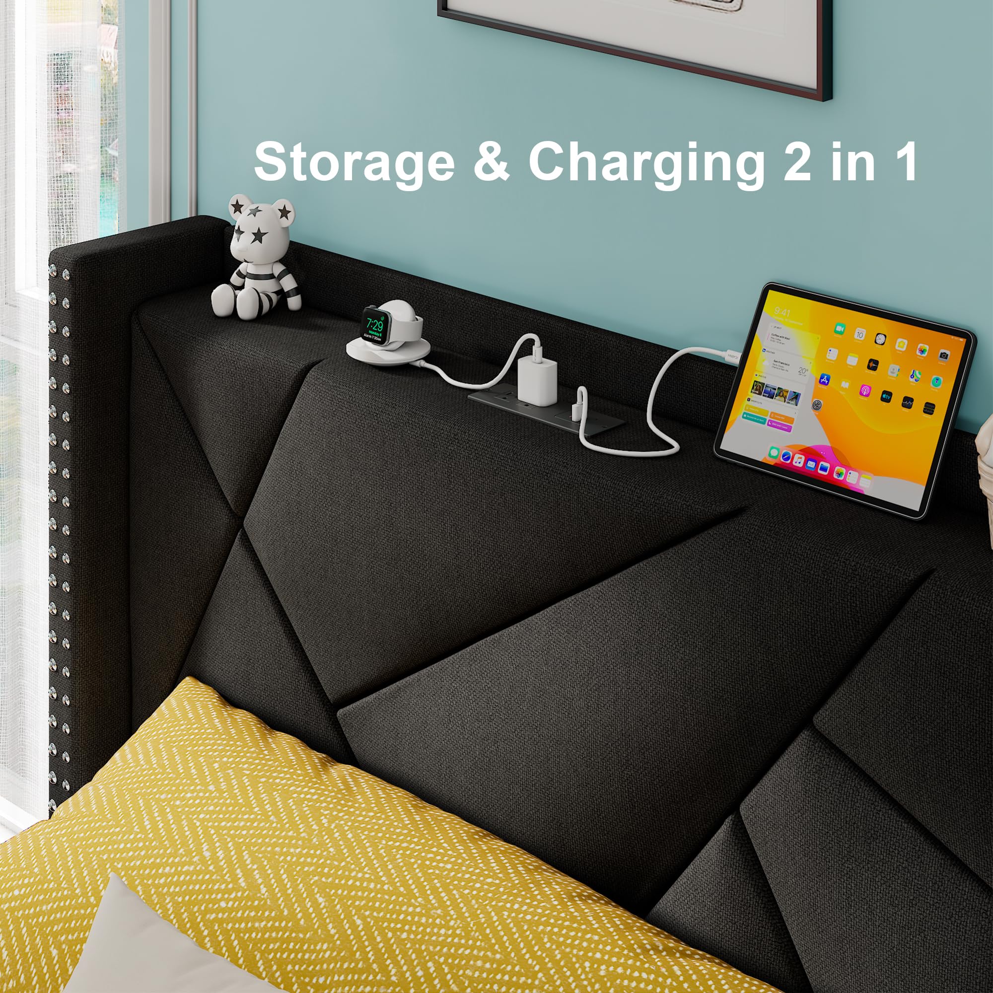 Twin Size Upholstered Platform Bed Frame With Storage Drawers And Charging Station