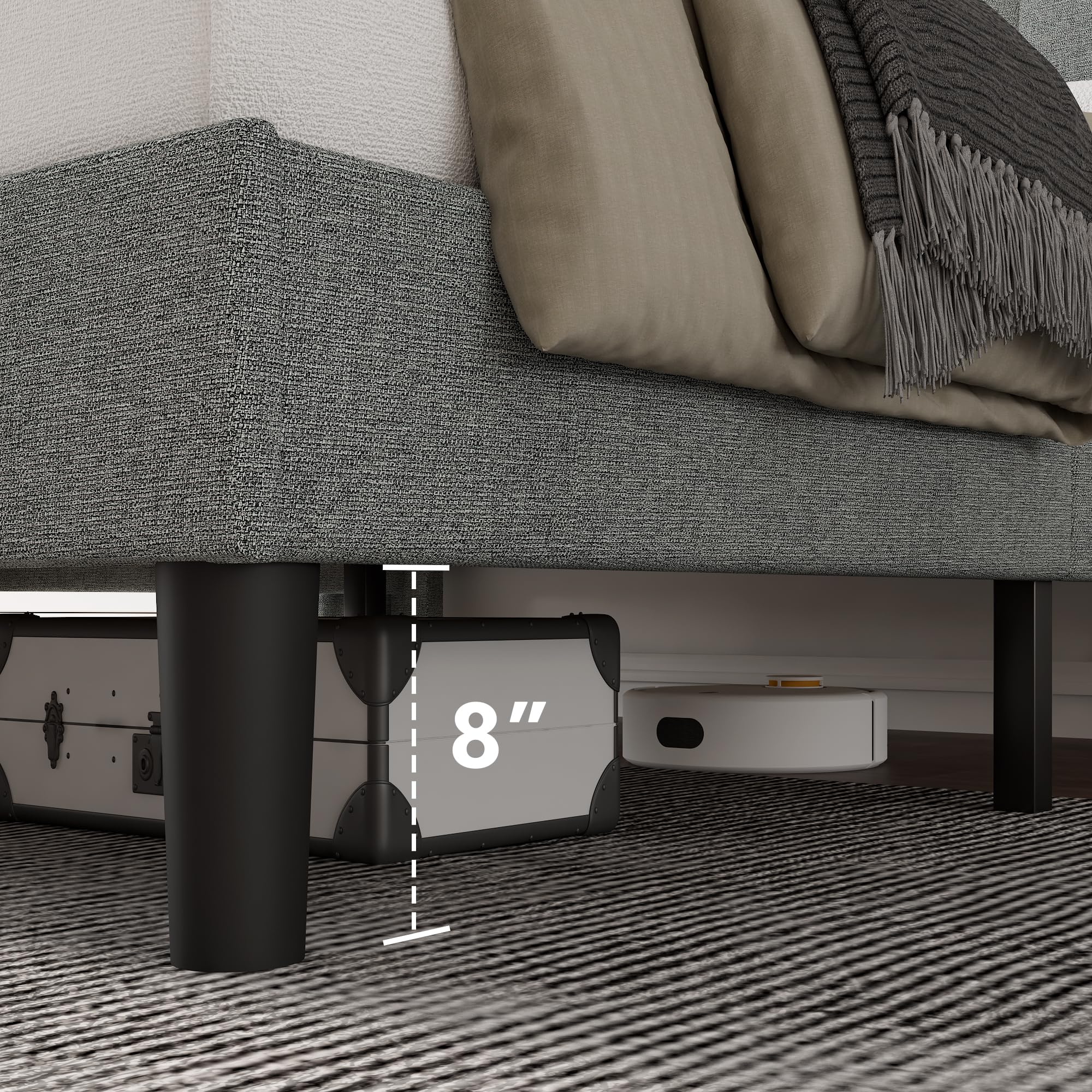 Full Size Upholstered Bed Frame With Wingback Storage Headboard And Charging Station