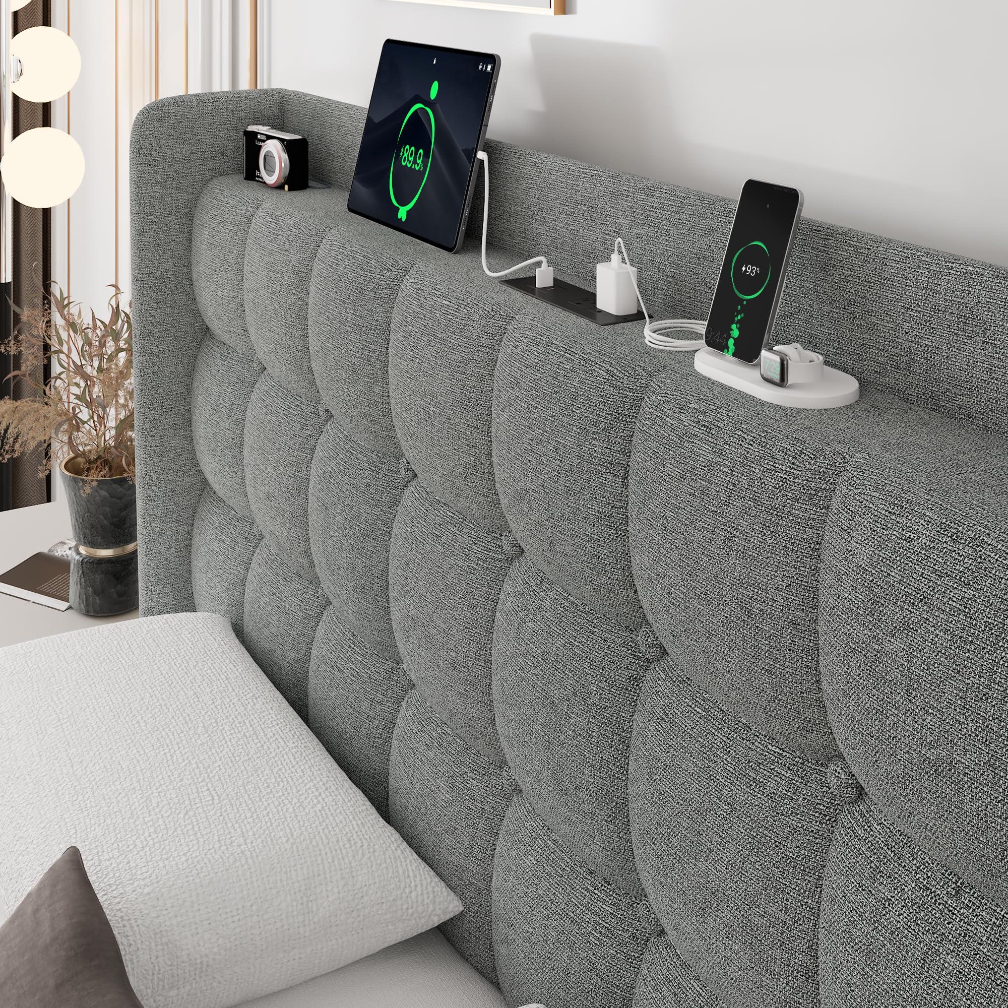 Full Size Upholstered Bed Frame With Wingback Storage Headboard And Charging Station