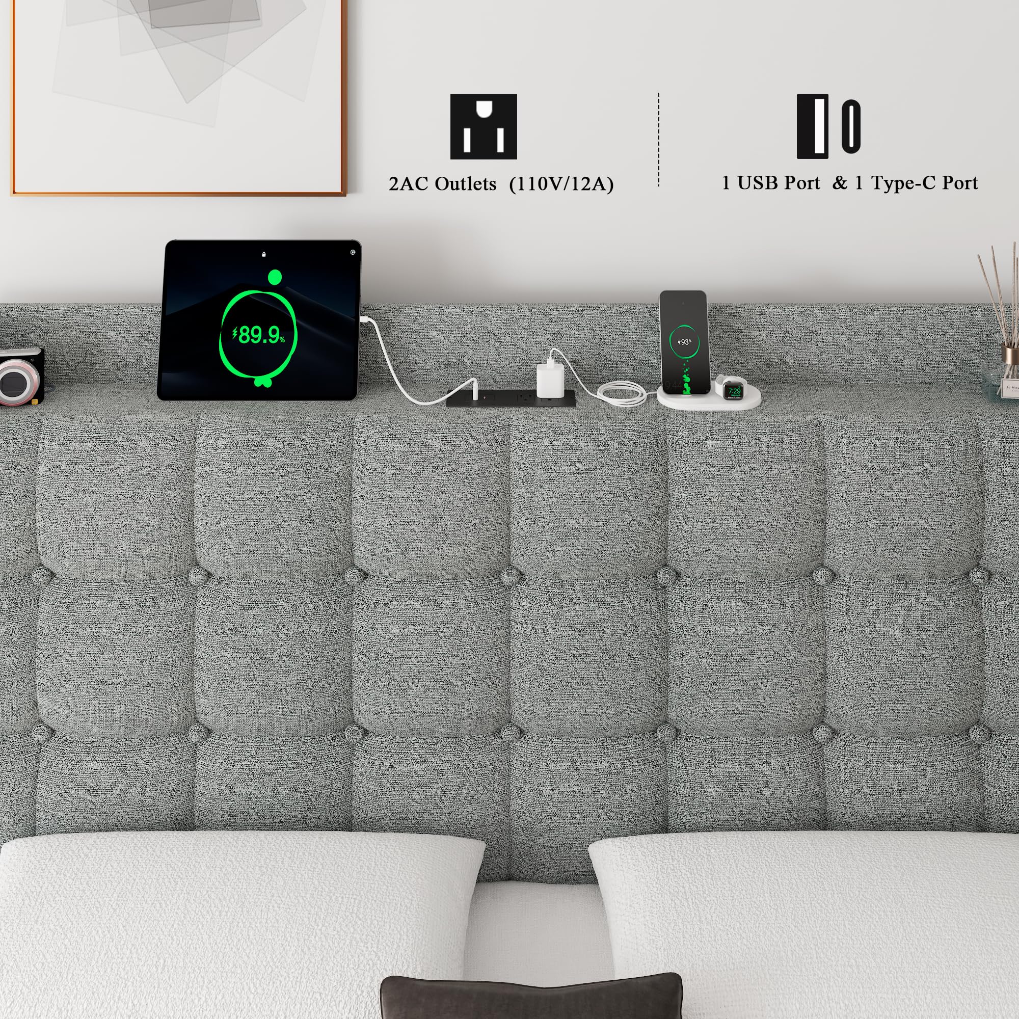 Full Size Upholstered Bed Frame With Wingback Storage Headboard And Charging Station