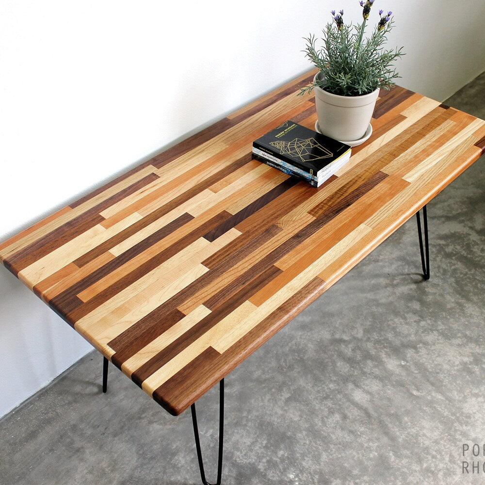 42in Mixed Wood Coffee Table Hairpin Legs Walnut - Modern Furniture Mid Century Eames Style Reclaimed Hardwood Design