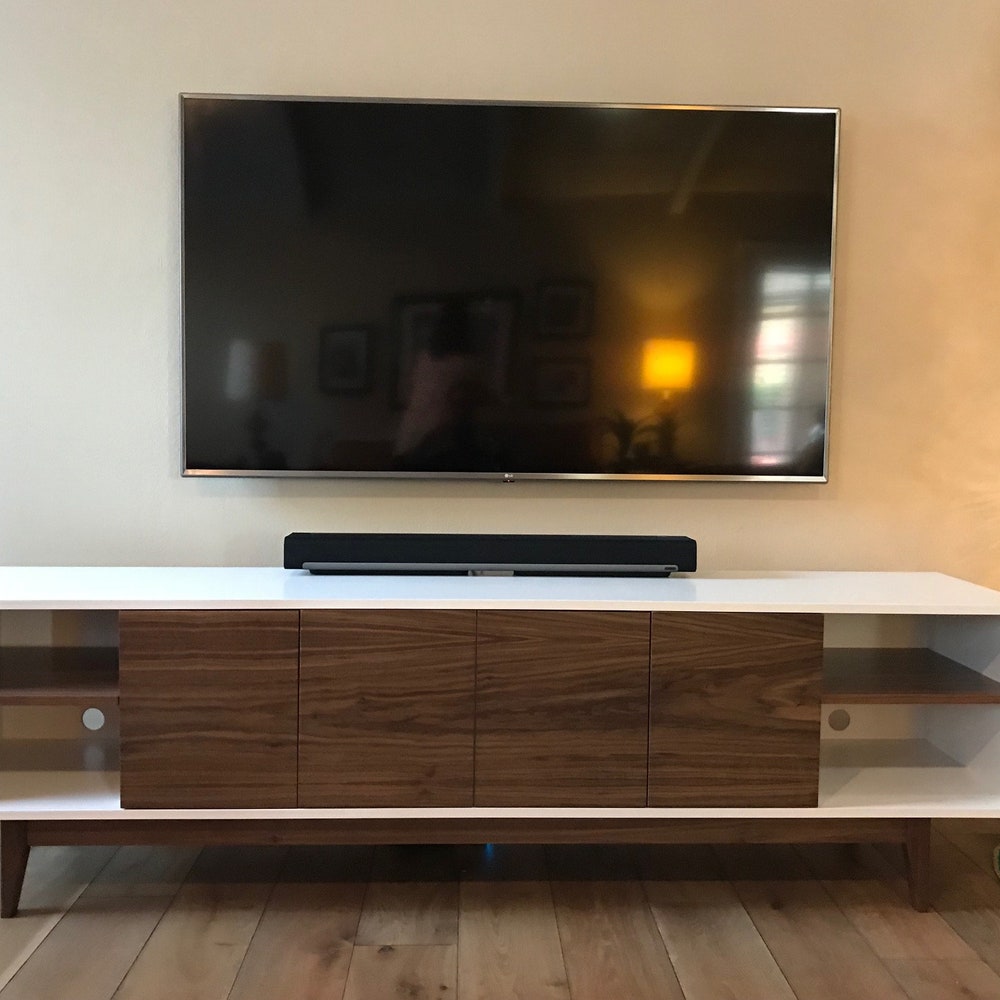 8' Mid Century Style TV Cabinet / Buffet / Liquor Cabinet / Credenza -  White & Walnut with straight leg base ~ FREE SHIPPING!