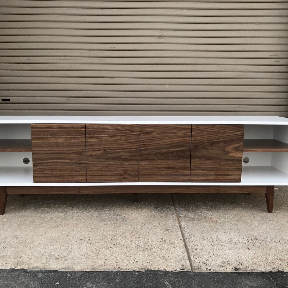 8' Mid Century Style TV Cabinet / Buffet / Liquor Cabinet / Credenza -  White & Walnut with straight leg base ~ FREE SHIPPING!