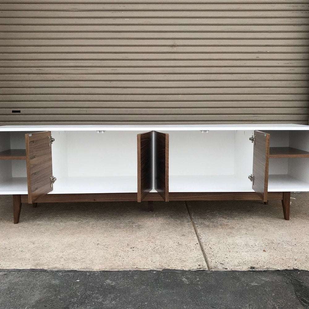 8' Mid Century Style TV Cabinet / Buffet / Liquor Cabinet / Credenza -  White & Walnut with straight leg base ~ FREE SHIPPING!