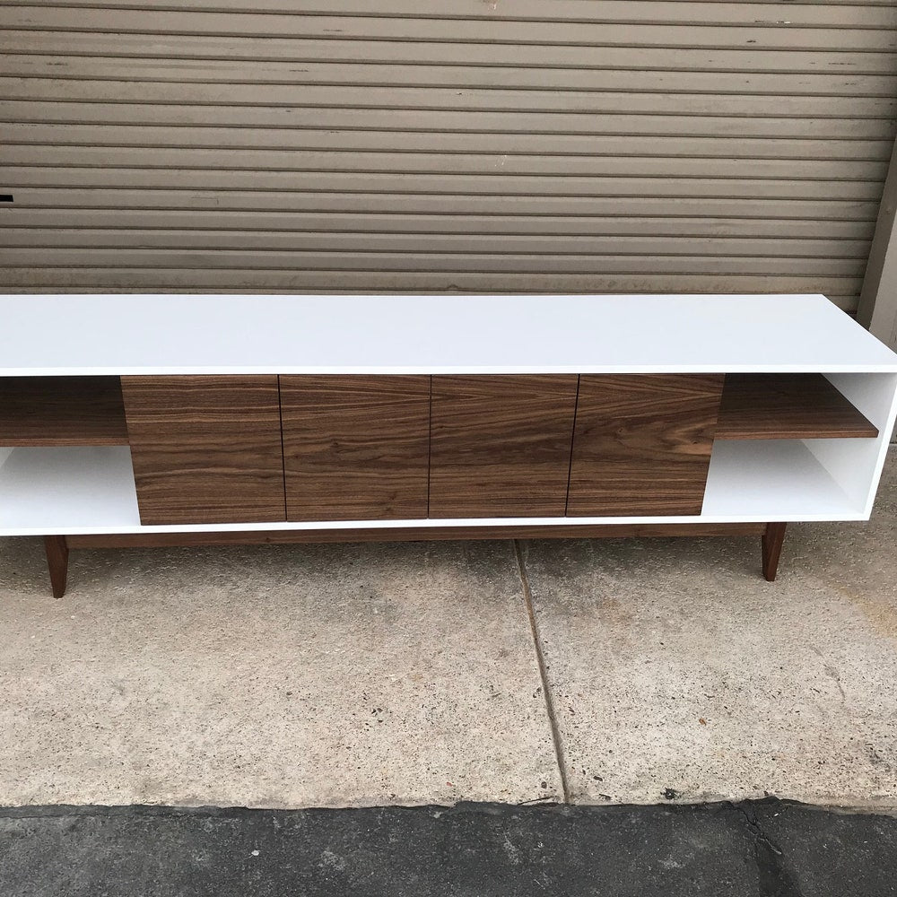 8' Mid Century Style TV Cabinet / Buffet / Liquor Cabinet / Credenza -  White & Walnut with straight leg base ~ FREE SHIPPING!