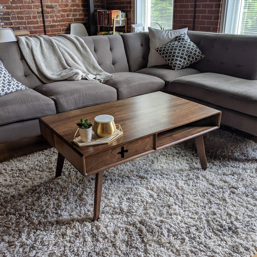 COFFEE TABLE PLUS with drawer 40" - Walnut Handmade solid wood mid century modern style and storage cubby 18" tall