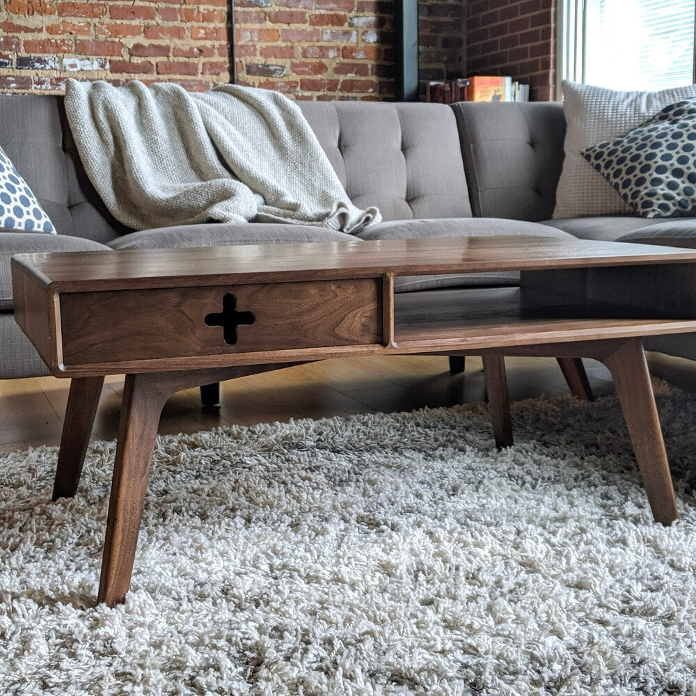 COFFEE TABLE PLUS with drawer 40" - Walnut Handmade solid wood mid century modern style and storage cubby 18" tall