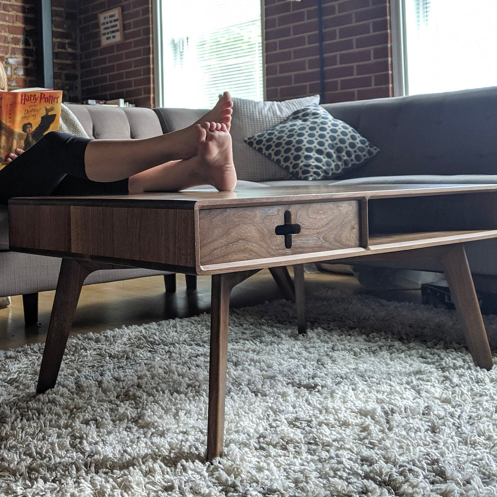 COFFEE TABLE PLUS with drawer 40" - Walnut Handmade solid wood mid century modern style and storage cubby 18" tall