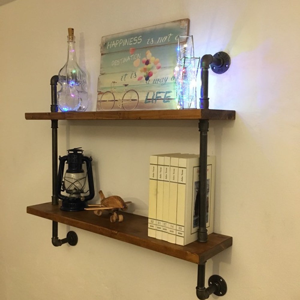 Rustic Wood And Industrial Pipe Wall Shelf Unit For Kitchen Or Bathroom Storage