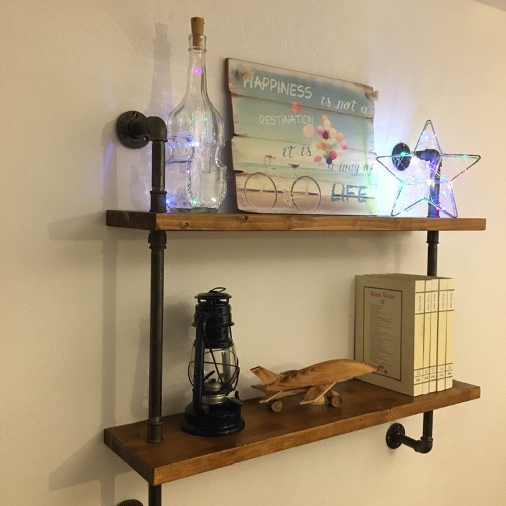 Rustic Wood And Industrial Pipe Wall Shelf Unit For Kitchen Or Bathroom Storage