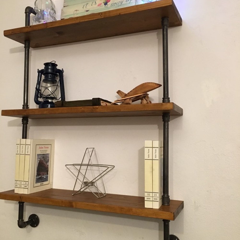 Rustic Wood And Industrial Pipe Wall Shelf Unit For Kitchen Or Bathroom Storage