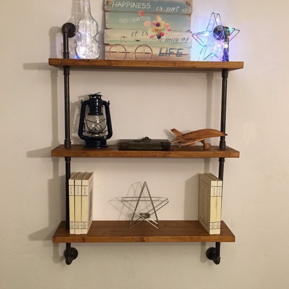 Wall Shelf Unit,  Rustic Wood and Pipe Shelves, Open Shelving, Kitchen and Bathroom Storage