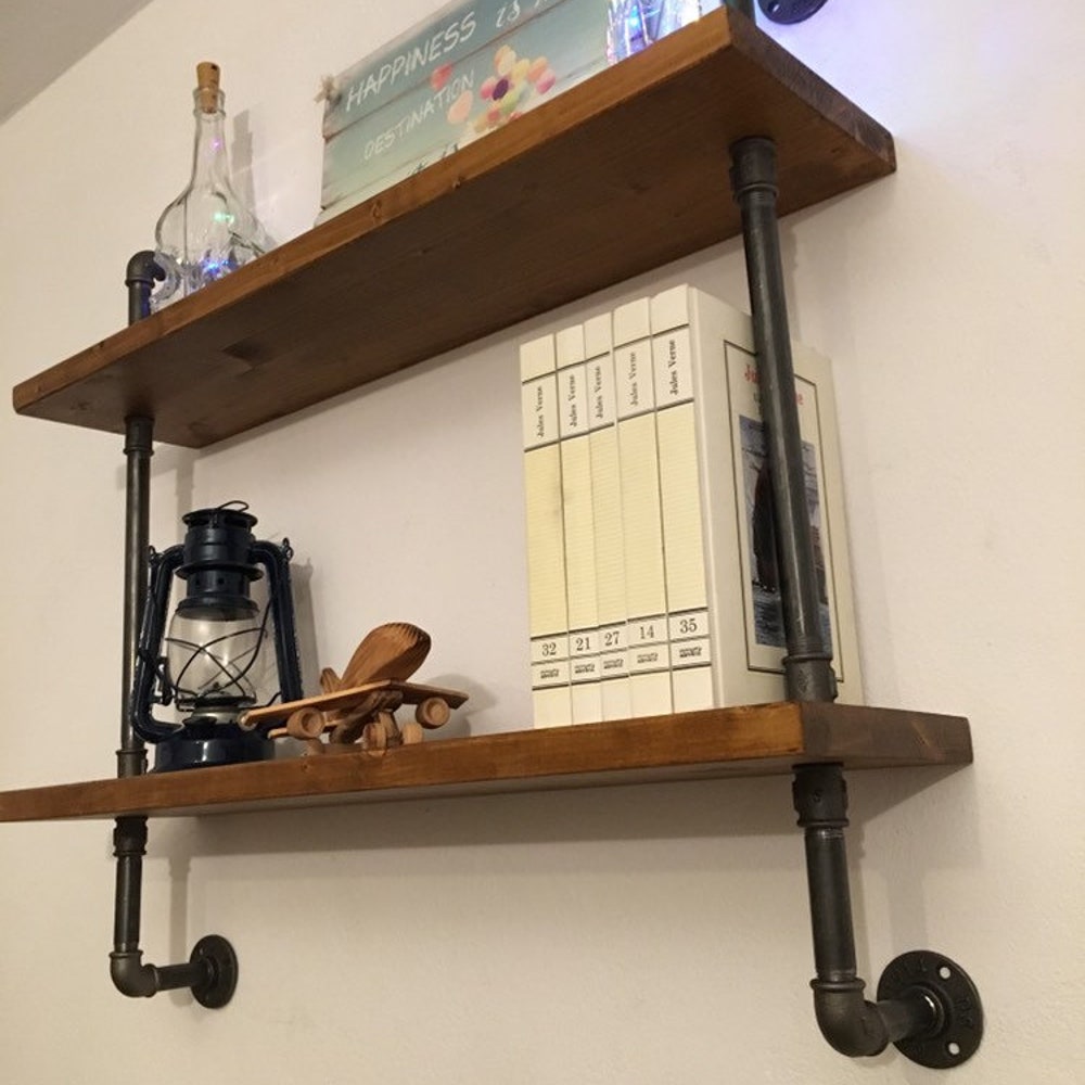 Rustic Wood And Industrial Pipe Wall Shelf Unit For Kitchen Or Bathroom Storage